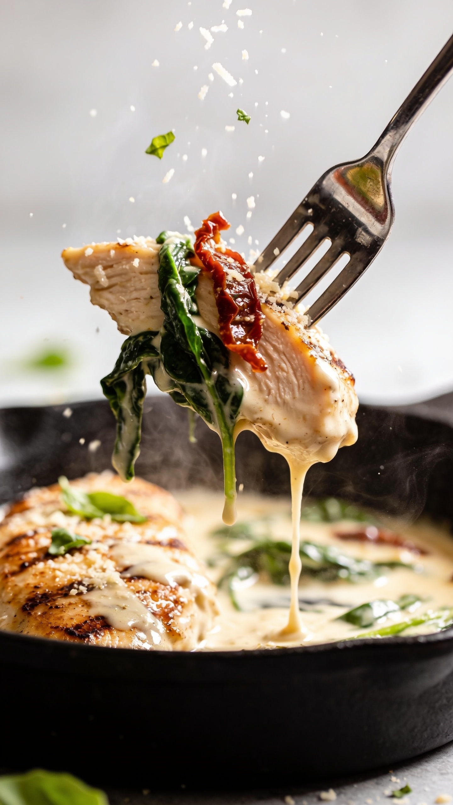 Dynamic action close-up: a polished dinner fork lifting the perfect bite—one juicy slice of seared chicken dripping with creamy parmesan-Tuscan sauce, a strand of wilted spinach, and a sliver of sun-dried tomato clinging to it; a glossy ribbon of sauce trails back to the skillet below; faint steam rising; a few basil flecks and micro parmesan catching the light midair as if just sprinkled; bright natural lighting, shallow depth of field, background softly blurred, food fills 90–95% of frame, only the fork visible as utensil, no hands.