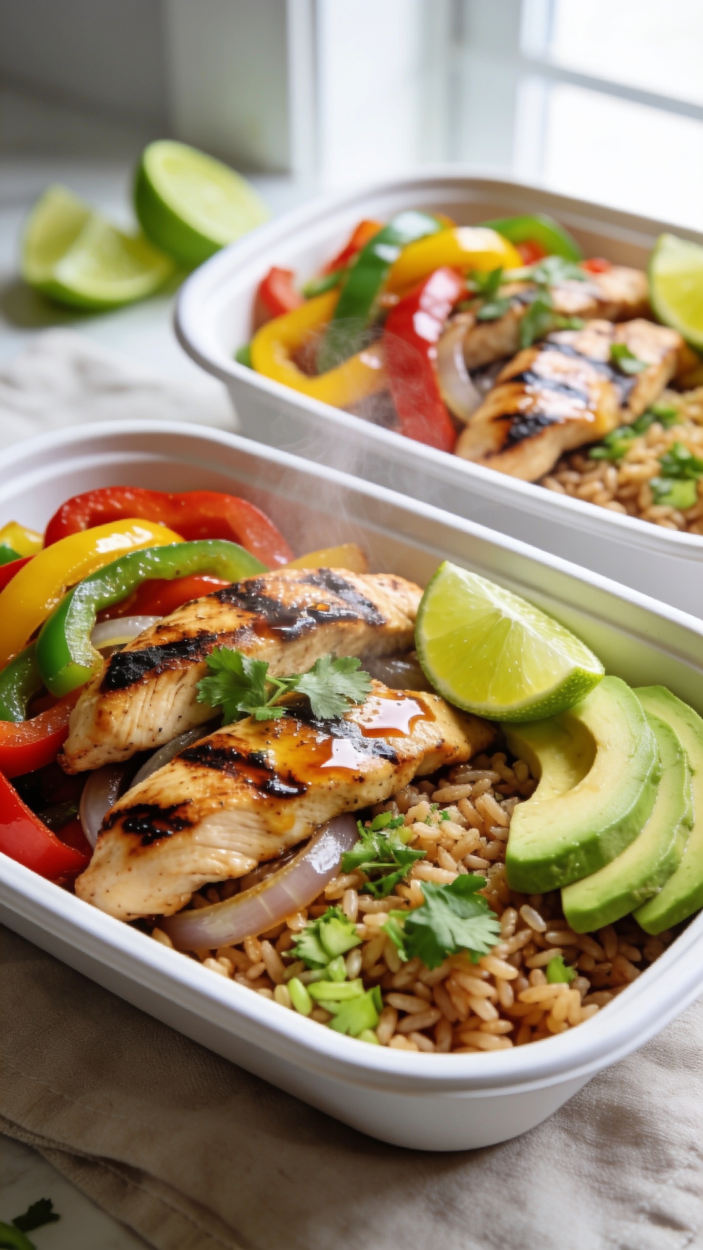 Ultra-close hero shot of High Protein Chicken Fajita Meal Prep bowls: glossy grilled chicken strips with deep char marks, juicy caramelized red, yellow, and green bell peppers, and sweet onions over fluffy cilantro-lime brown rice, finished with a vibrant squeeze of lime, a sprinkle of chopped cilantro, and a few avocado slices on the side. Food fills 90â95% of the frame in a shallow white meal-prep container, shot in bright natural window light with shallow depth of field and soft shadows. Emphasize glistening juices on the chicken, lightly blistered pepper skins, steamy warmth, and vivid colors. Clean, modern backdrop with subtle neutral linen and blurred lime wedges in the background for cohesion; premium food-blog styling, crisp and fresh.