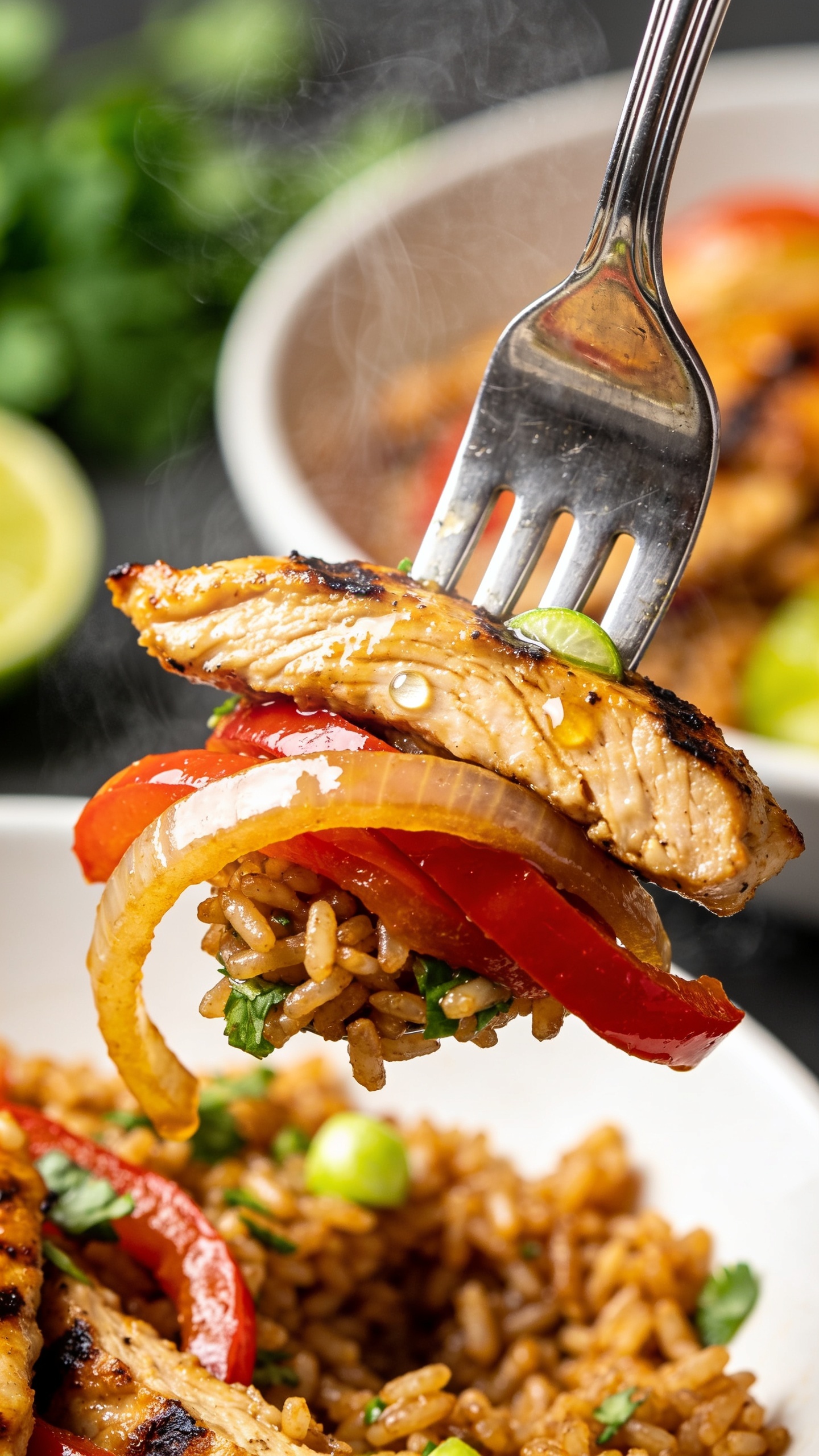 Dynamic action close-up capturing the perfect bite: a silver fork lifting a stacked bite of the finished chicken fajita bowlâone charred, juicy chicken strip, a ribbon of caramelized red pepper, a sliver of golden onion, and a few grains of cilantro-lime brown rice clinging underneath. Visible steam rising, glossy fajita juices glinting on the chicken, micro-beads of lime on the surface. Background shows the same bowl blurred, with cilantro and lime wedge bokeh. Bright natural lighting, shallow depth of field, food filling 90â95% of the frame, no hands visible, intense texture and color contrast that feels one second before the bite reaches the mouth.