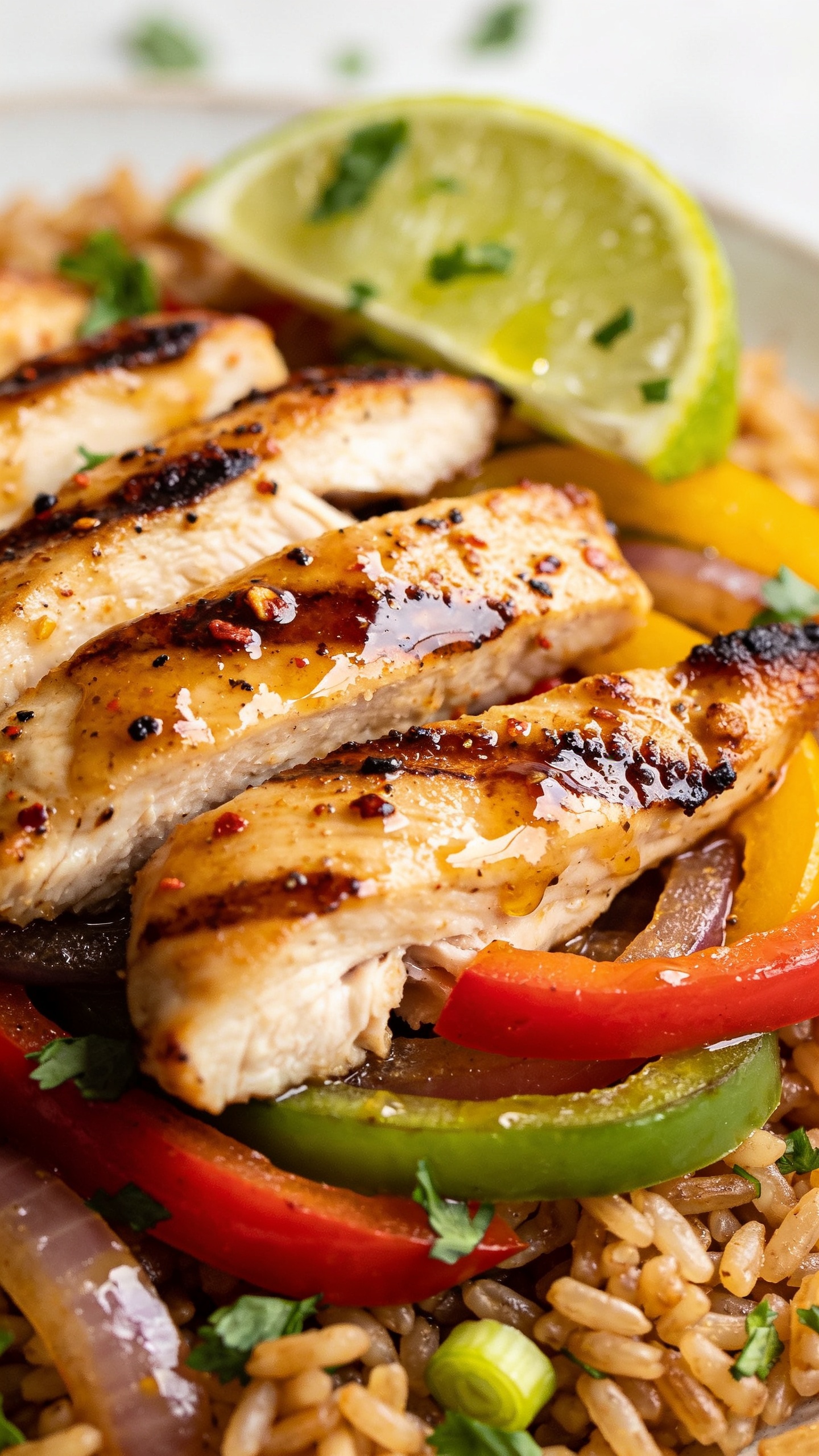 Macro close-up from a low angle of the same finished chicken fajita bowl: tight crop on overlapping grilled chicken strips glazed with their own juices, speckled with coarse black pepper and chili, nestled against caramelized tri-color peppers and onions over cilantro-lime brown rice. A fresh lime wedge and scattered chopped cilantro add pop; a light sheen of oil catches the light. Emphasize crisped edges, glossy surfaces, and tender interiors. Bright natural side light, shallow depth of field, premium food styling, food filling 90â95% of the frame with a soft, neutral background to keep focus on the textures.