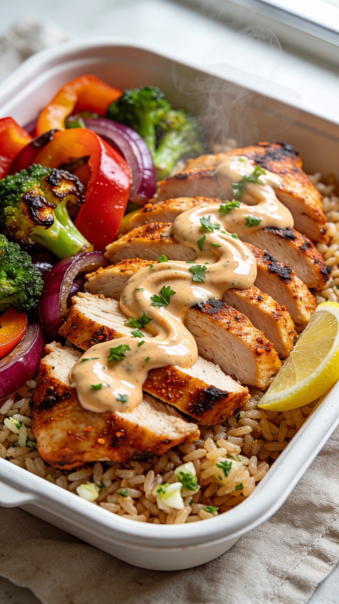 Ultra-close, premium food-blog hero shot of High Protein Cajun Chicken Meal Prep: sliced, juicy Cajun-spiced chicken breasts with charred edges and visible spice crust, fanned over fluffy garlic-herb brown rice; side of roasted rainbow bell peppers, red onion, and broccoli with caramelized tips; a glossy drizzle swirl of creamy tangy Cajun yogurt sauce on the chicken, garnished with finely chopped parsley and thin lemon wedge tucked to the side. Food fills 90â95% of frame in a shallow white meal-prep container set on a neutral linen; bright natural window light, shallow depth of field, crisp textures, steam subtly rising, saturated reds/oranges/greens popping, cohesive styling consistent across all images.