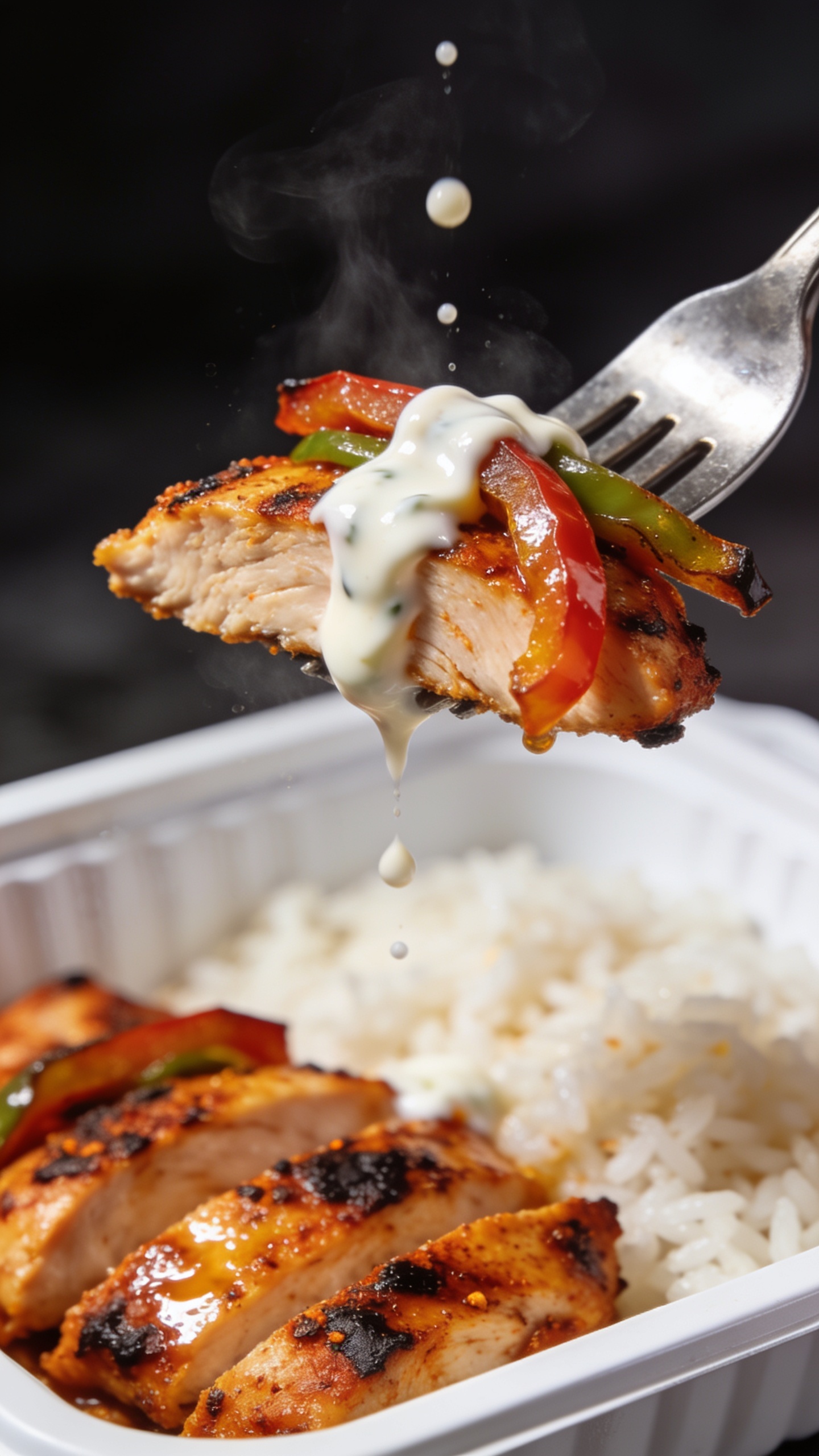 Dynamic action close-up capturing the perfect bite: a fork lifting a glistening slice of the same Cajun chicken topped with a ribbon of creamy yogurt sauce and a few roasted pepper strips clinging to it, tiny droplets of sauce suspended mid-air; faint steam rising, glossy spice rub catching the light, rice and remaining sliced chicken blurred in the background within the same white meal-prep container. Food dominates 90â95% of the frame, no hands visible, bright natural lighting, shallow depth of field, vibrant colors and charred textures frozen one second before the bite.