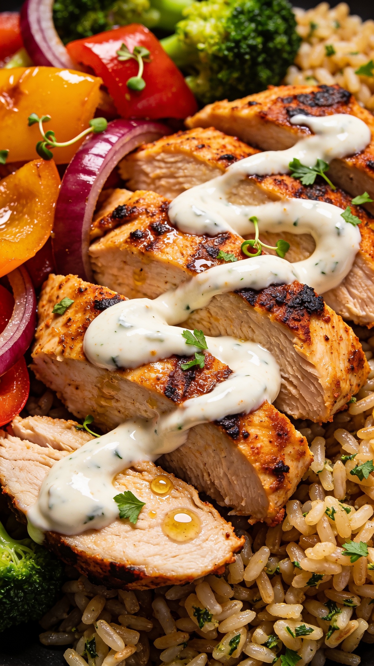 Tight macro angle from three-quarters overhead of the same plated meal prep: consistent sliced Cajun chicken with charred, juicy interior; creamy yogurt sauce pooled and lightly swirled across the chicken; roasted bell peppers, red onion, and broccoli nestled beside fluffy garlic-herb brown rice; sprinkle of fresh chopped parsley and a few micro-droplets of chicken juices glistening. Food fills 90â95% of frame, bright natural light, shallow depth of field, rich contrast and crisp edges, cohesive styling to match the hero image.