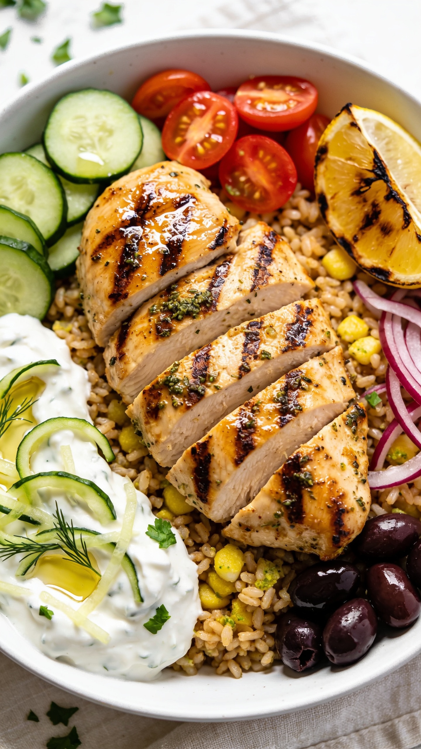 Ultra-close hero shot of a High Protein Greek Chicken meal-prep bowl: glossy grilled chicken breast slices with deep golden char marks and visible oregano-speckled marinade, arranged over a base of warm fluffy lemon-herb brown rice, surrounded by crisp cucumber half-moons, cherry tomato halves, thin red onion slivers, Kalamata olive halves, and a wedge of charred lemon; a generous swoop of thick, creamy tzatziki with grated cucumber ribbons and dill sits to the side, plus a light shimmer of olive oil and sprinkled fresh chopped parsley; bright natural window light, shallow depth of field, 90–95% frame filled with food, white ceramic bowl on a light linen, clean modern food-blog styling, consistent look for all images.