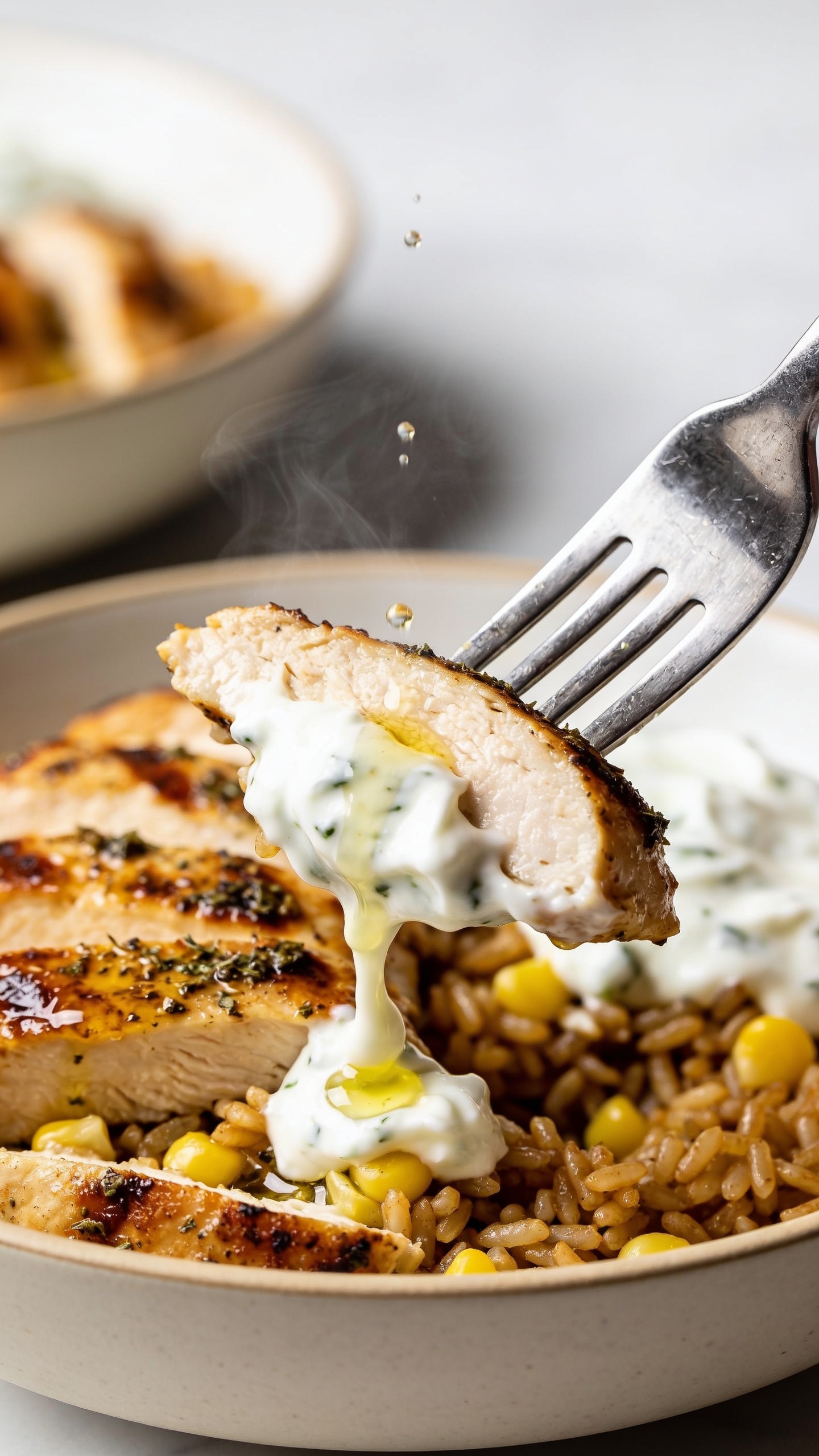 Dynamic bite moment: a polished dinner fork lifting the perfect bite from the same Greek chicken bowl—one juicy slice of oregano-garlic marinated chicken with glossy char, a tuft of lemony brown rice clinging beneath, a swipe of thick tzatziki trailing creamy peaks, and a cucumber slice + tiny red onion sliver caught on the tine; micro-beads of olive oil glisten, steam faintly rising, background slightly blurred with the remaining bowl visible; no hands, only the fork tip in frame, 90–95% food, bright natural light, shallow depth of field, premium magazine energy, same styling and ingredients as image