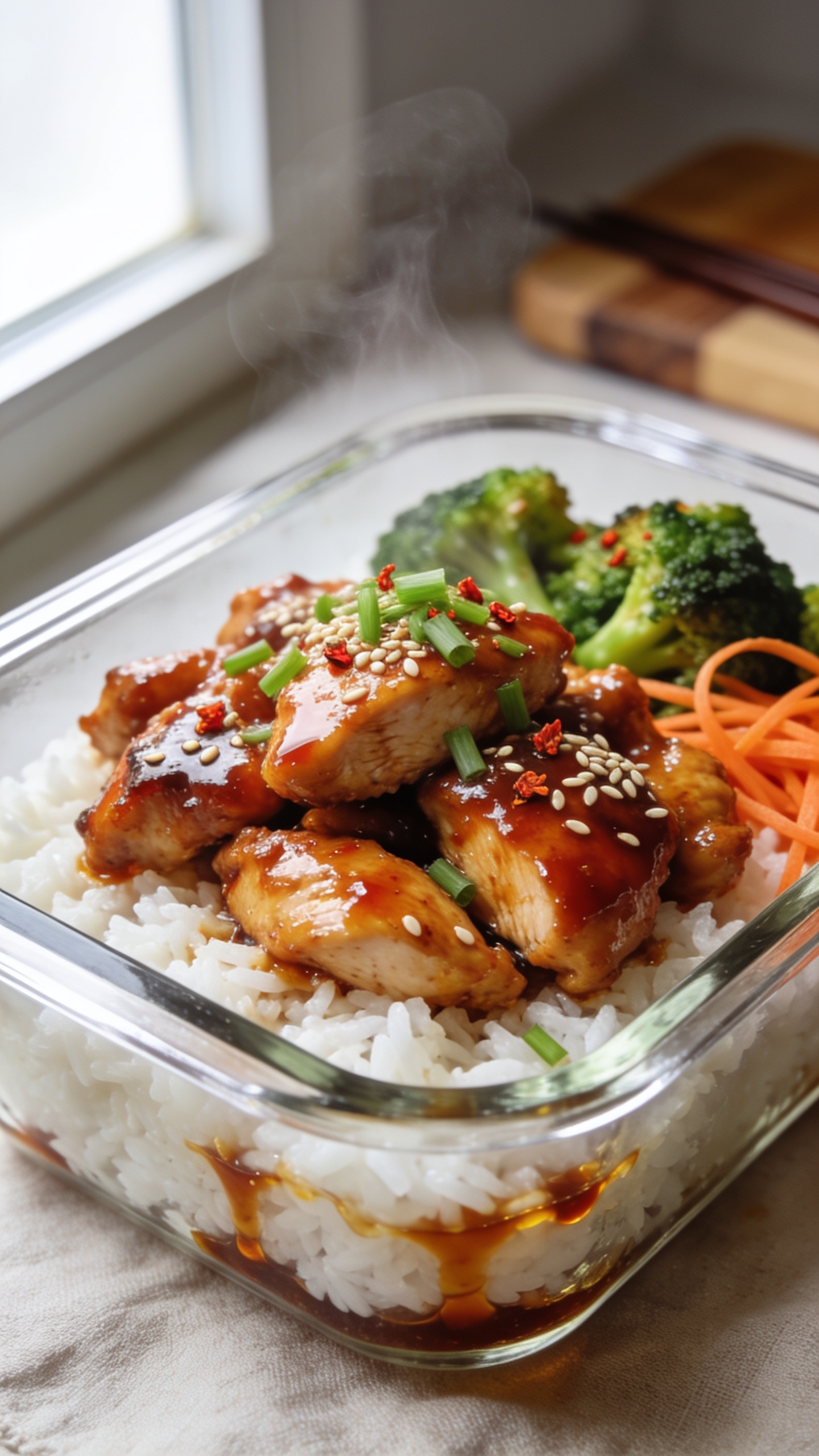 Ultra-close hero shot of High Protein Sriracha Honey Chicken Meal Prep: glossy bite-sized chicken thighs breast pieces lacquered in a sticky sriracha-honey-soy glaze, piled over fluffy white jasmine rice with a side of vibrant roasted broccoli and thin carrot ribbons, all inside a sleek glass meal-prep container. Sauce clings and pools lightly at the rice edges, sesame seeds and finely sliced green onions sprinkled on top, tiny chili flakes catching the light. Bright natural window light from the left, shallow depth of field, rich contrast, steam faintly rising, food filling 90â95% of frame, clean neutral linen backdrop and blurred chop board props in the distance, premium food-blog styling.
