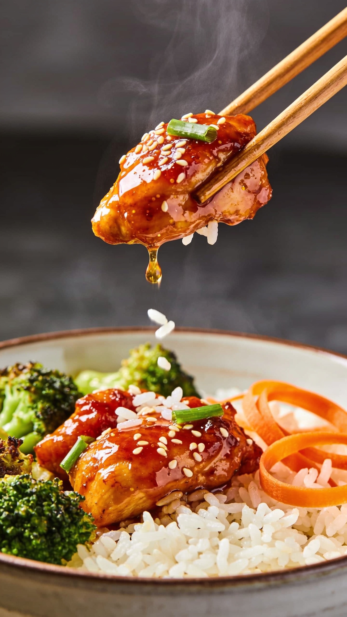 Dynamic action close-up: wooden chopsticks lifting the perfect bite of the finished dishâone glossy sriracha-honey chicken piece with a few sesame seeds and a sliver of green onion, a couple rice grains trailing beneathâheld just above the bowl of the plated meal (jasmine rice, roasted broccoli florets, carrot ribbons). The sticky glaze glistens with micro-beads of honeyed sauce, a droplet suspended mid-fall back to the chicken below. Bright natural light, shallow depth of field, steam visible, intense color saturation, background intentionally blurred to keep the bite center-frame, food occupying 90â95% of the image.