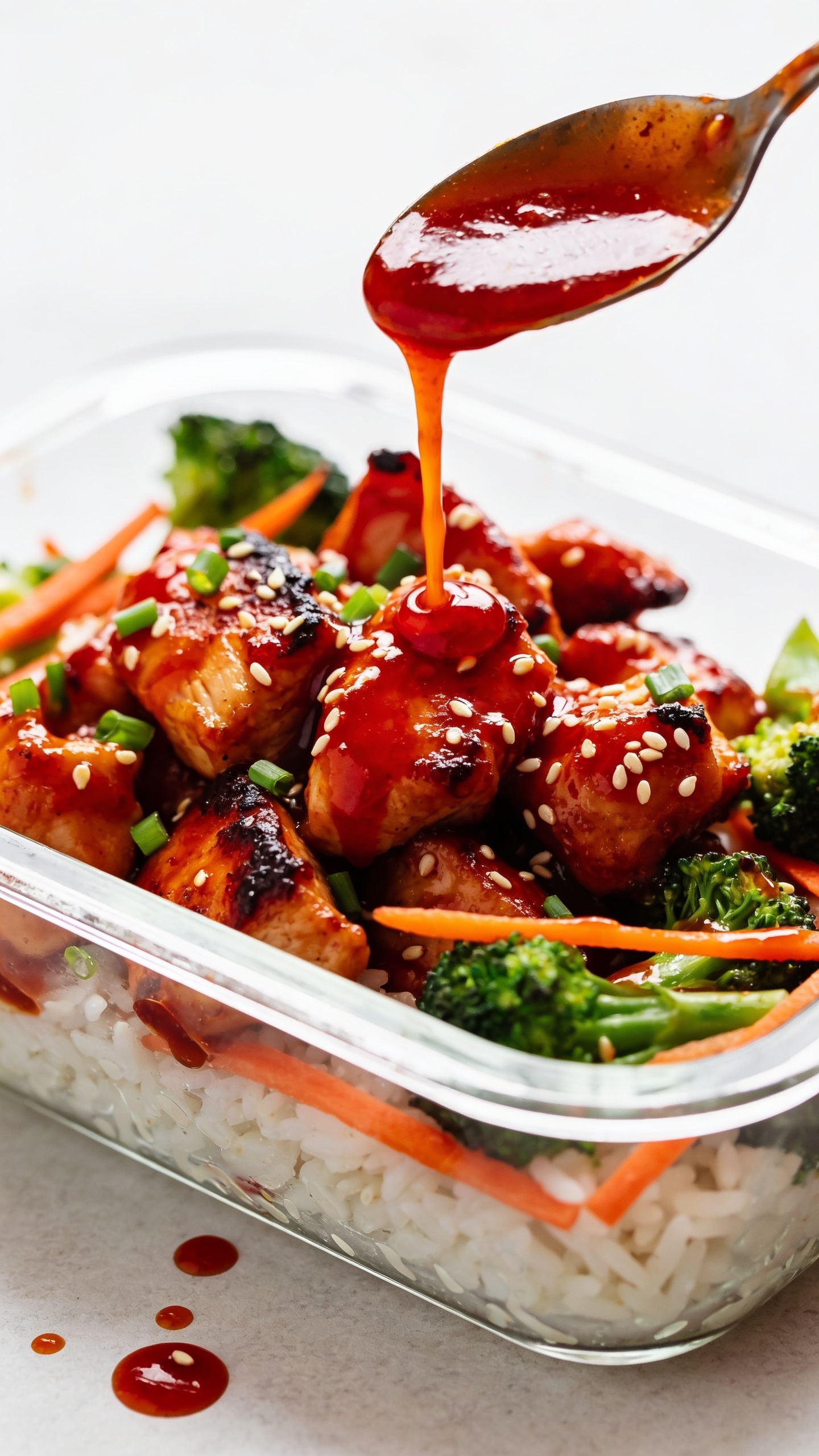 Extreme close-up at a 45-degree angle of the plated meal in a glass container: tender chicken chunks coated in thick sriracha-honey glaze with caramelized edges, nestled over jasmine rice with roasted broccoli and carrot ribbons. A slow spoon drizzle of extra glossy glaze arcs over the chicken, captured mid-pour, with sesame seeds and green onion scattered across the surface. Bright natural lighting, tight crop, shallow depth of field, vivid reds, greens, and whites, tiny sauce reflections, minimal neutral background, food dominating 90â95% of the frame, consistent styling with images 1 and