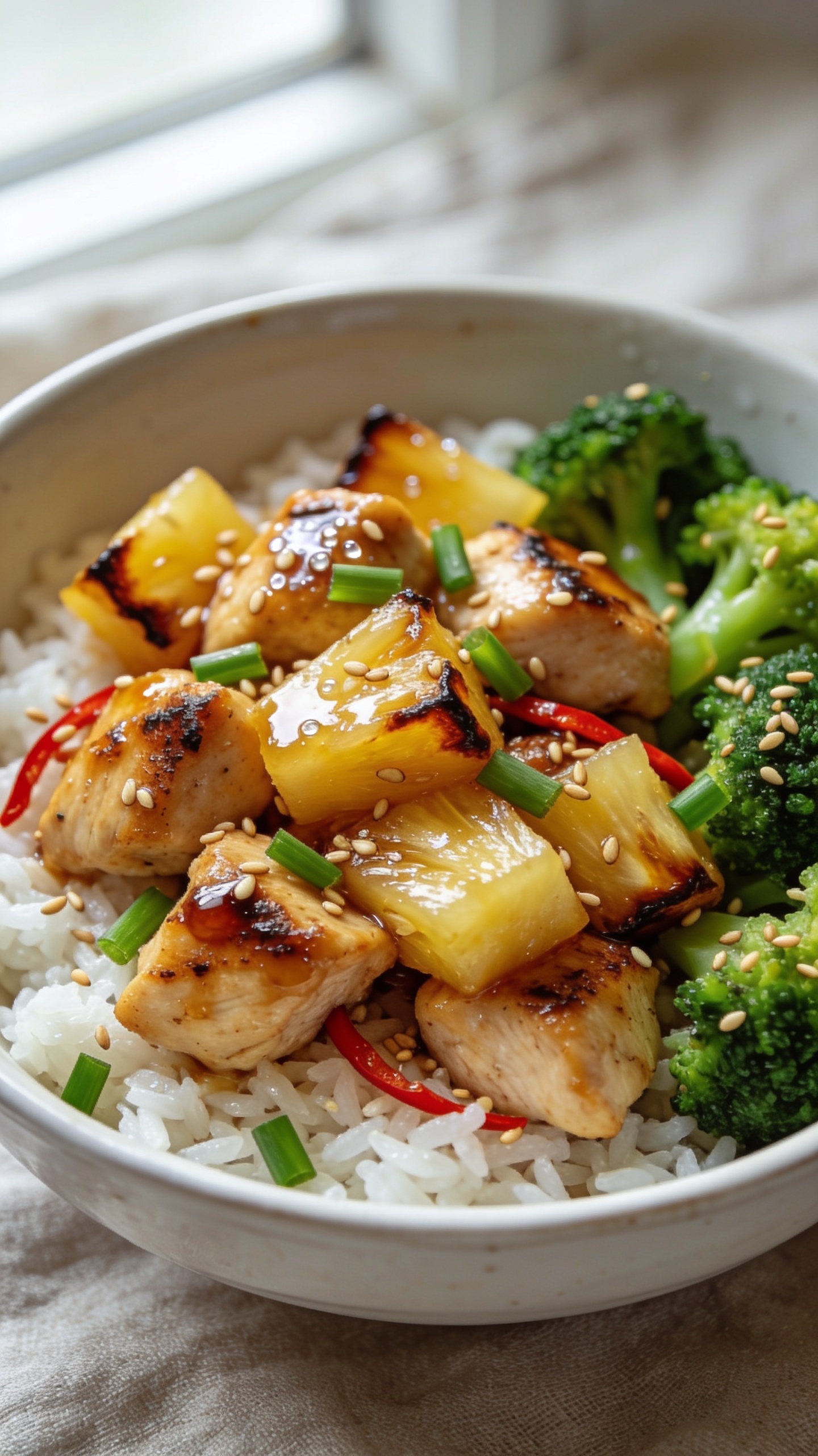 Extreme close-up hero shot of High Protein Pineapple Chicken meal prep: glossy bite-sized chicken breast pieces seared golden with light char, tossed with caramelized pineapple chunks showing deep amber edges, nestled over fluffy white jasmine rice in a shallow white ceramic bowl, dotted with bright green scallions and toasted sesame seeds, thin red chili slices for a subtle pop, and tender-crisp broccoli florets on the side. Sticky soy-pineapple glaze glistens on the chicken and fruit, micro-beads of moisture catching bright natural window light. Shallow depth of field isolates the mound of chicken and pineapple; background is a softly blurred neutral linen. Food fills 90â95% of frame, premium food-blog styling, no text or hands, same recipe look for all images.