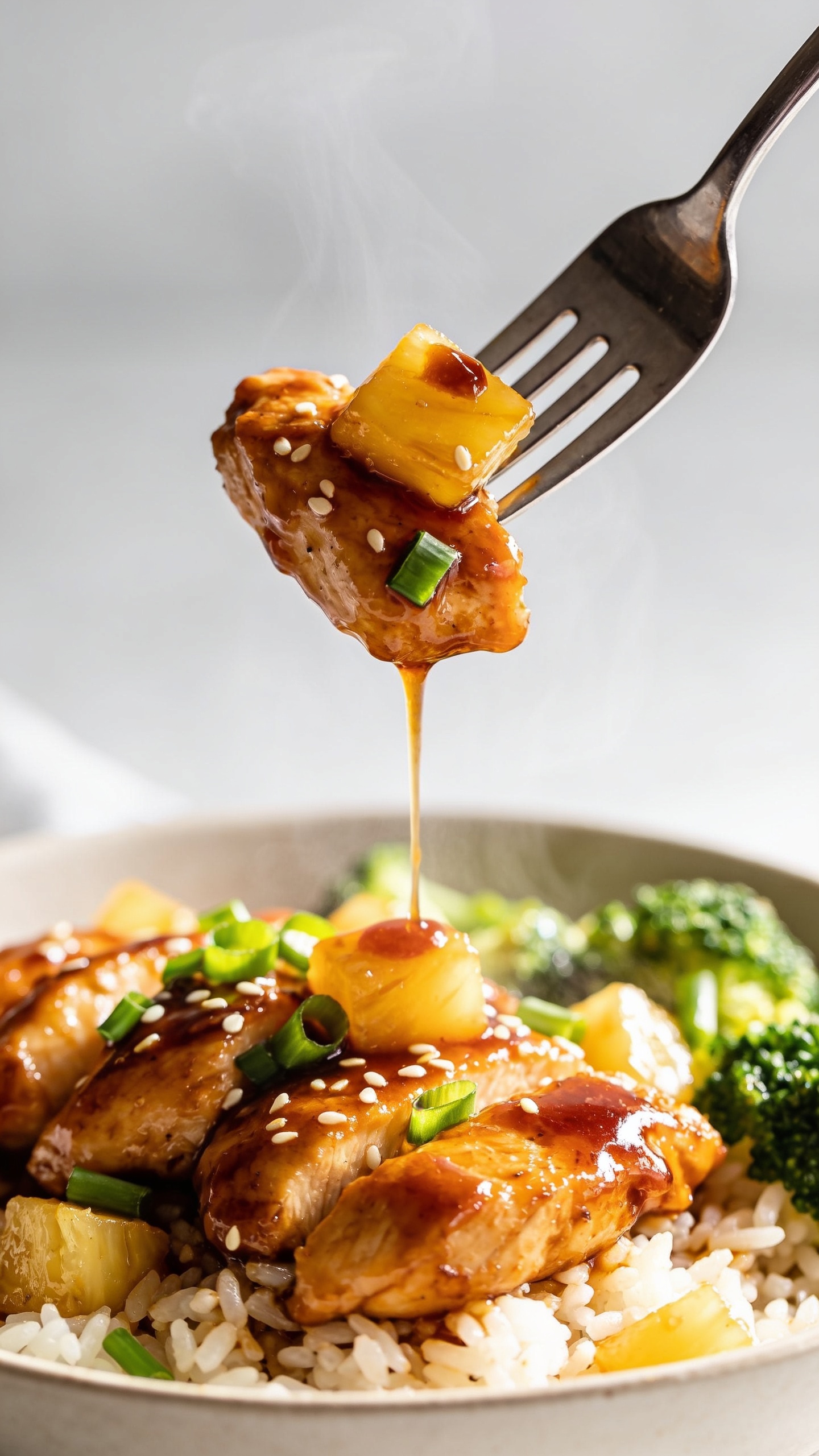 Dynamic action close-up capturing the perfect bite: a polished stainless fork lifting a single glistening chunk of golden seared chicken coated in sticky soy-pineapple glaze with a small caramelized pineapple cube clinging to it, a few sesame seeds and a sliver of green onion stuck to the sauce. Thin glossy strand of glaze stretches from the fork back to the bowl below. In the bowl, the rest of the dish matches Image 1: juicy chicken and caramelized pineapple over fluffy jasmine rice with bright scallions, sesame, and broccoli. Bright natural light, visible steam subtly rising from the freshly plated meal, ultra shallow depth of field focused on the lifted bite, 90â95% of the frame filled with food, no hands or people.