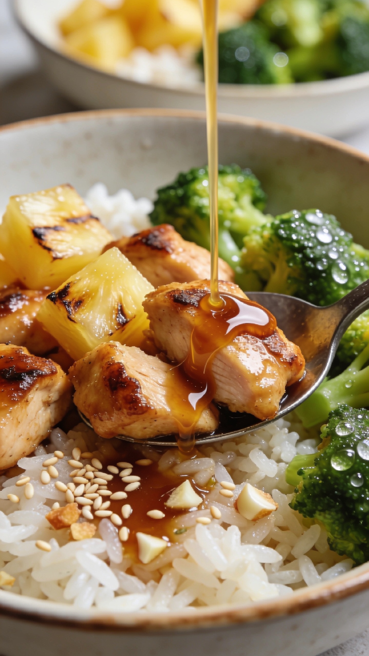 Macro angled close-up from the side of the same bowl emphasizing textures: a spoonfulâs-width section of the dish showing lacquered chicken pieces with browned edges nestled against charred pineapple rings cut into chunks, glossy glaze pooling slightly on the rice grains, scattered sesame seeds, minced garlic bits in the sauce, and crisp-tender broccoli florets with visible dew-like moisture. A light drizzle of extra soy-pineapple glaze mid-pour frozen in time, forming a ribbon over the chicken. Bright natural lighting, shallow depth of field with bokeh on the far rice and broccoli, rich colors and shine, food filling 90â95% of the frame, consistent styling with Images 1 and