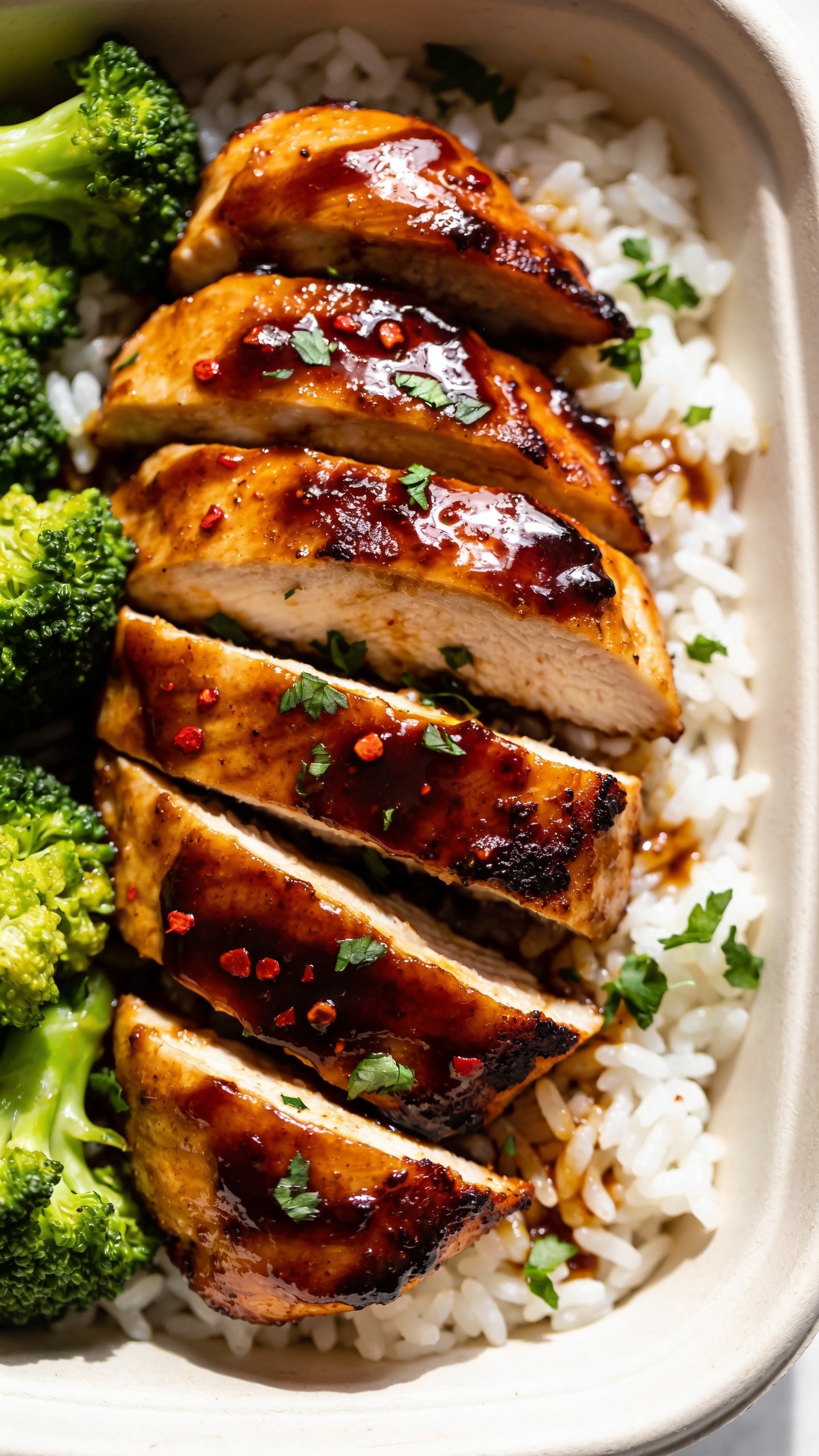 Extreme close-up hero shot of High Protein Sticky BBQ Chicken meal prep: glossy, sticky-sweet BBQ glazed chicken breast sliced into thick, juicy pieces with caramelized edges, arranged over fluffy white or jasmine rice with a side of bright green steamed broccoli florets; glaze clings and pools lightly on the rice, micro-chopped fresh parsley sprinkled sparingly; vibrant, rich mahogany sauce with a hint of red chili flecks; bright natural side light, shallow depth of field, food fills 90â95% of frame; clean matte off-white ceramic meal-prep container with soft shadows, no text or hands, premium food-blog styling.