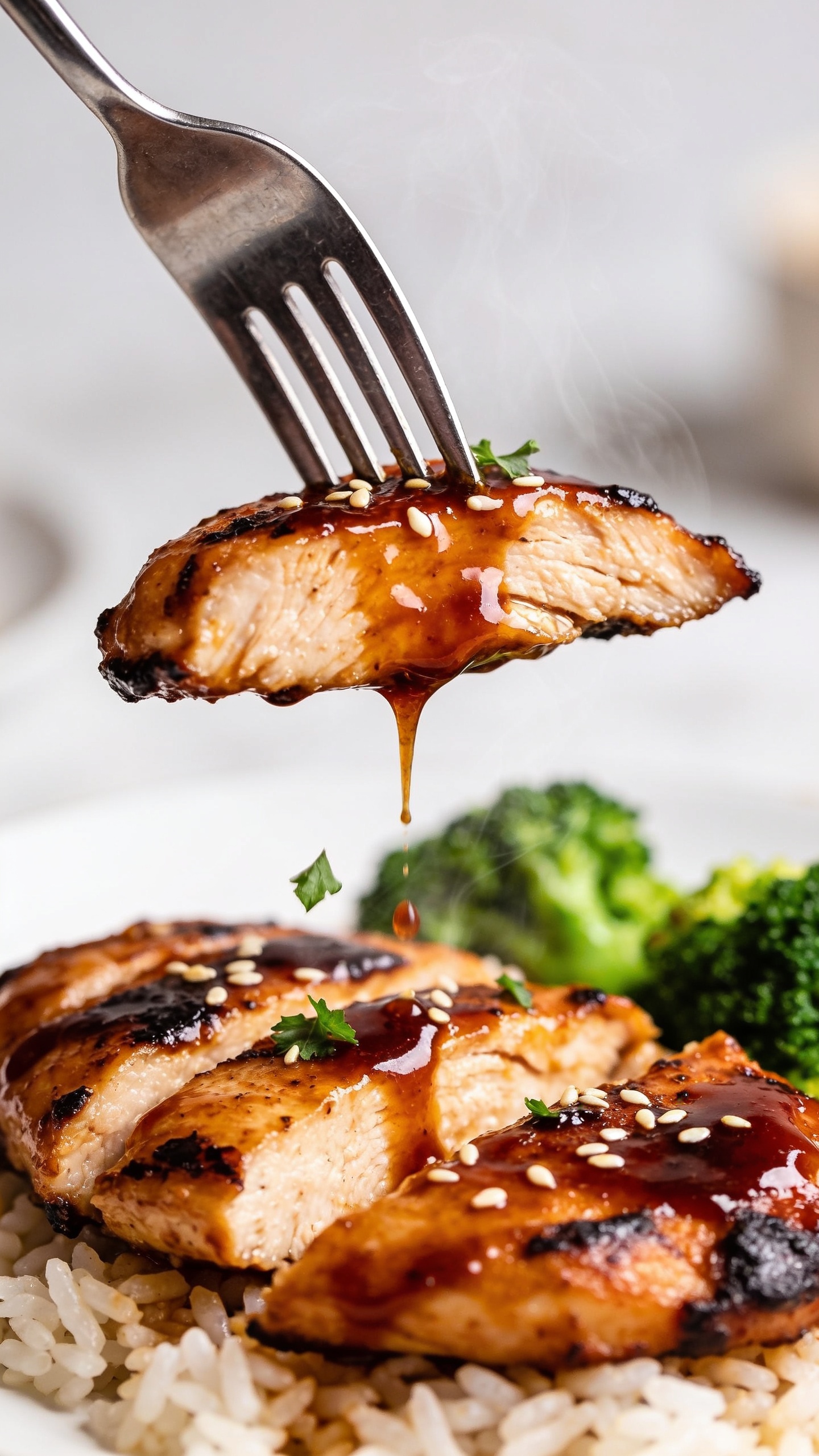 Action close-up capturing the most irresistible bite: a stainless steel fork lifting a perfect slice of the same glossy BBQ chicken breast, edges slightly charred, thick sticky glaze stretching in a slow drip back toward the plate; a few sesame seeds and micro parsley bits mid-fall onto the chicken; background softly blurred but still showing rice and vivid broccoli beneath; steam subtly rising, bright natural lighting, ultra close framing with food filling 90â95% of the frame, no hands or people, premium magazine-style anticipation one second before the bite.