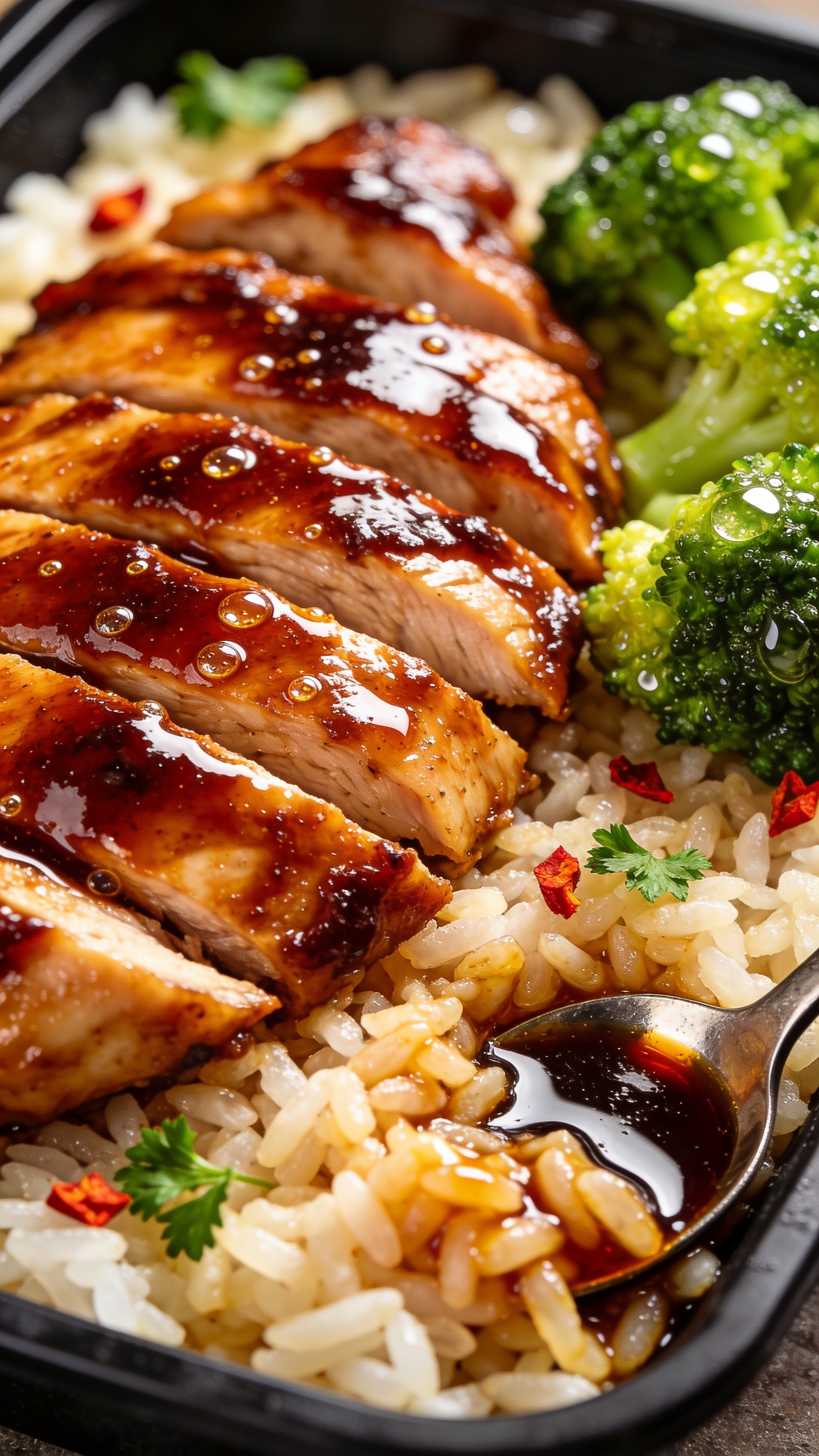 Macro angled close-up from the opposite side of the same plated meal: sliced sticky BBQ chicken fanned over rice, thick lacquered glaze brushed across the top with visible sheen and tiny bubbles from caramelization, a small extra spoonful of sauce pooled at the corner soaking into fluffy grains; broccoli florets with crisp beaded texture and a light gloss of moisture; a few red pepper flakes and parsley scattered for color; bright natural light, shallow depth of field, rich saturated tones, food filling 90â95% of frame, consistent container and styling as images 1â2, no text or people.