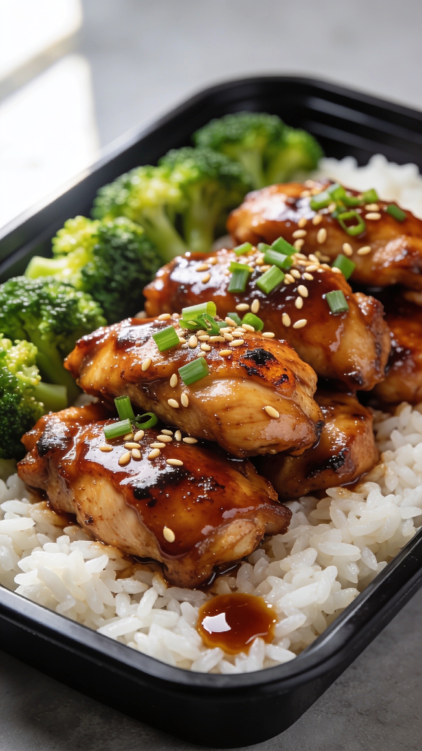 Extreme close-up hero shot of High Protein Bourbon Chicken meal prep: glossy, sticky bourbon-glazed chicken thigh pieces piled over fluffy white jasmine rice in a black meal-prep container, with a tight halo of bright-steamed broccoli florets on one side. Sauce clings to each bite with a rich mahogany sheen, tiny blisters and caramelized edges visible, micro-chopped green onions and toasted sesame seeds sprinkled on top. A small puddle of extra glaze glistens at the corner of the rice. Bright natural window light from the left, subtle backlight highlights the glaze, shallow depth of field with only the front third in razor focus. No text, no hands, 90–95% frame filled with food, premium food-blog styling, clean neutral background in soft gray.
