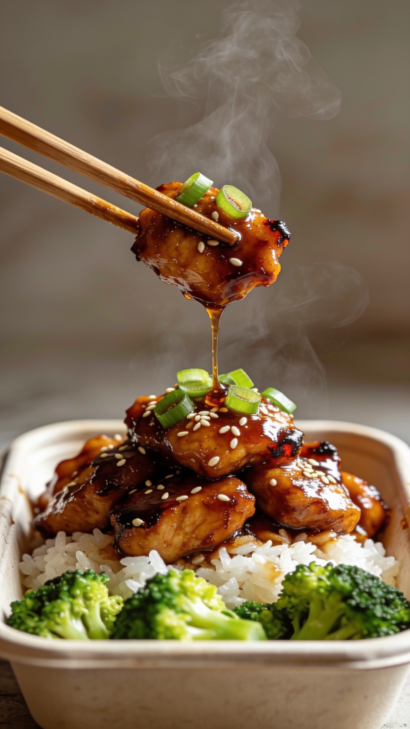 Dynamic action close-up capturing the irresistible bite: wooden chopsticks lifting a perfect glossy piece of bourbon chicken from the same meal-prep container (rice and broccoli below), threads of sticky sauce stretching from the lifted piece back to the pile, tiny sesame seeds clinging, a few fresh green onion slices resting on top. Wisps of steam rising, sauce glistening with a deep amber-brown lacquer and caramelized edges. Background softly blurred, bright natural side light and subtle rim light to accent the sheen, shallow depth of field focusing on the lifted bite one second before it reaches the mouth. Fill 90–95% of frame with food, no hands or faces visible, premium magazine-level styling.