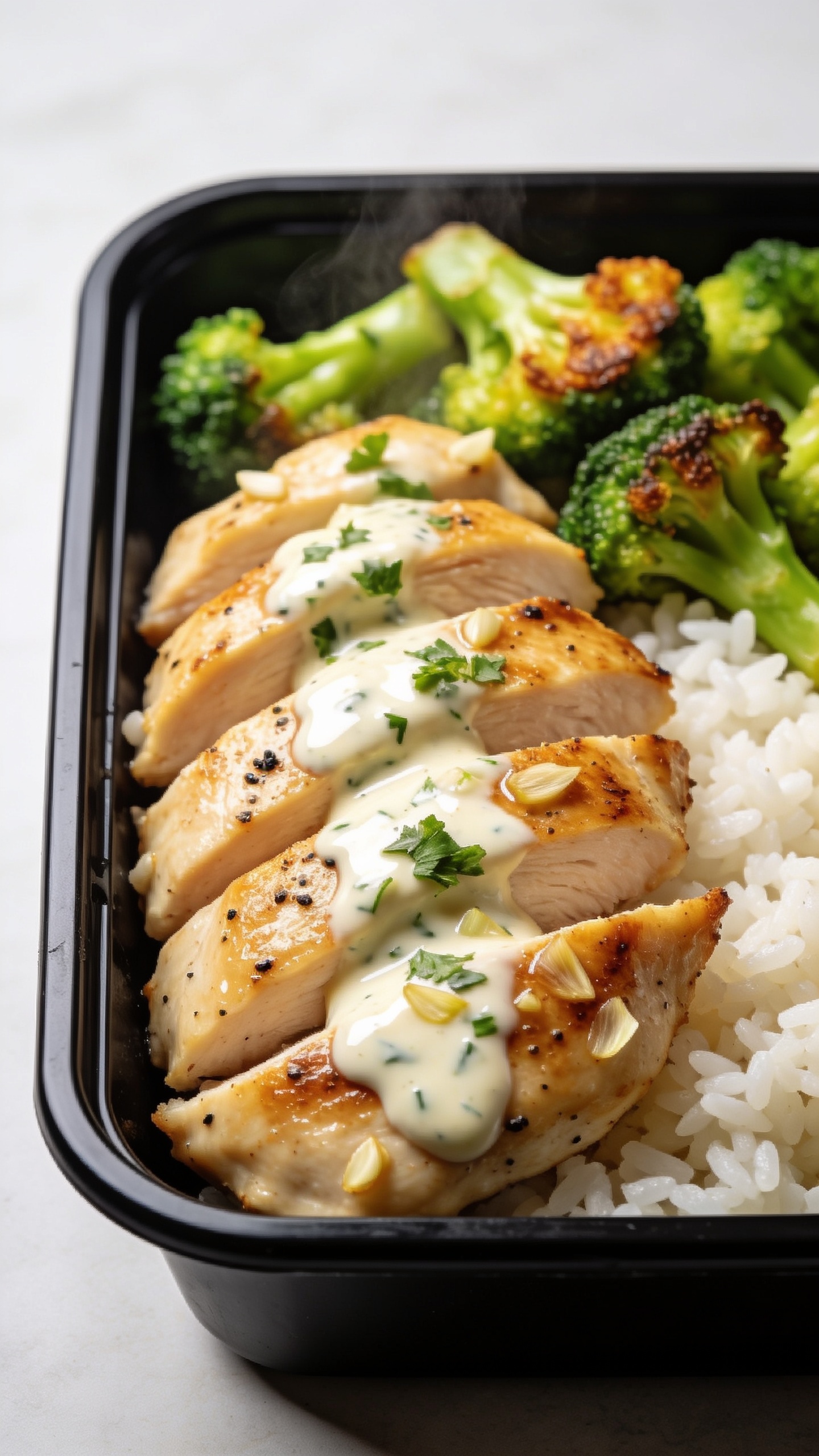 Ultra-close hero shot of the finished high-protein garlic ranch chicken meal prep: juicy golden-brown seared chicken breast slices glazed in a glossy garlic-ranch sauce, nestled beside fluffy white rice and bright roasted broccoli in a sleek black meal-prep container. Sauce clings to the chicken with visible flecks of garlic, cracked black pepper, and finely chopped fresh parsley; a light drizzle of extra ranch over the chicken adds sheen. Vibrant greens and warm caramelized edges pop under bright natural side lighting, with shallow depth of field blurring the far edge of the container. The food fills 90–95% of the frame, textures crisp and creamy, steam faintly visible, styling minimal and premium.