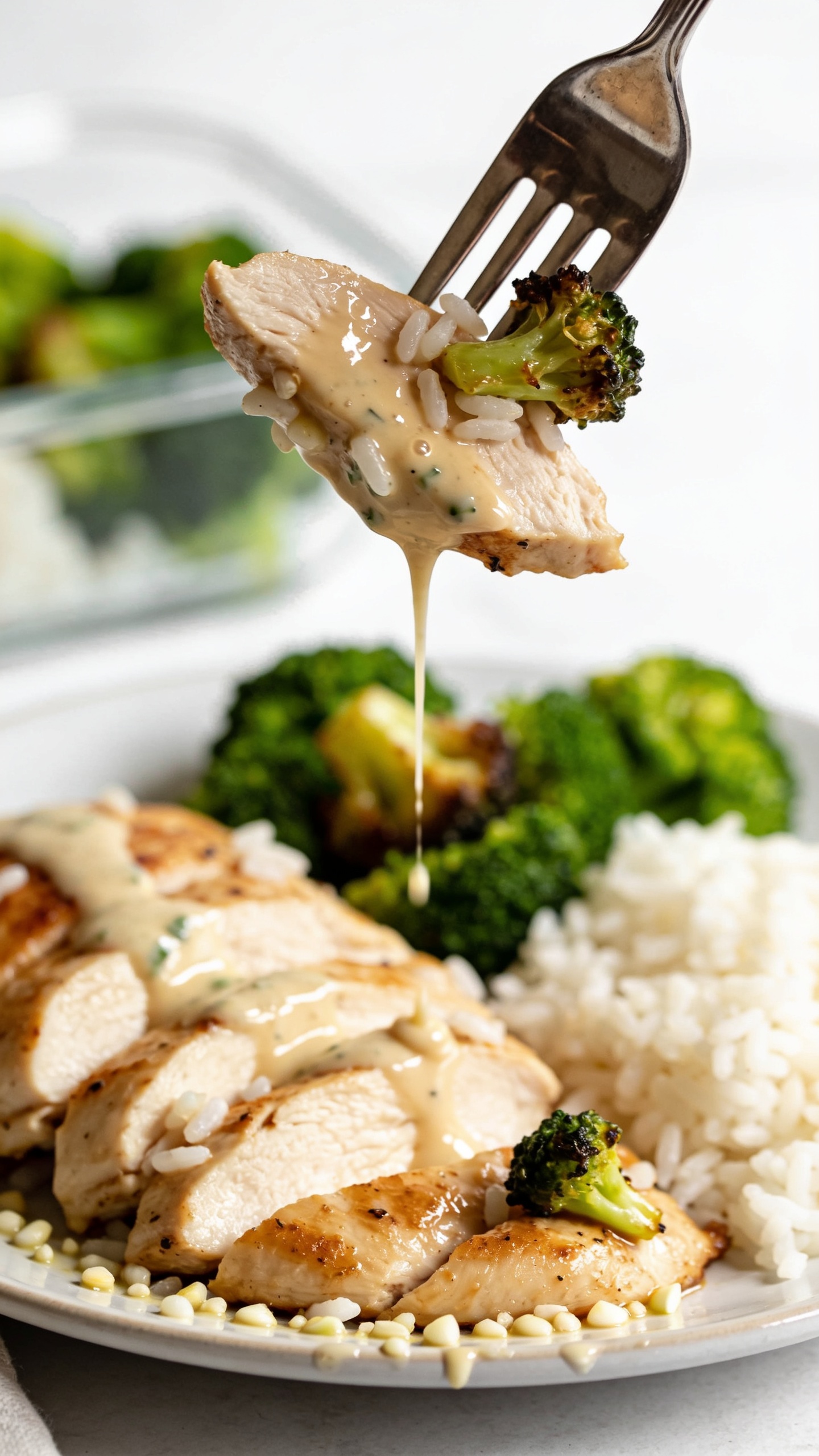 Dynamic bite moment: a polished fork lifting the perfect bite of the same garlic ranch chicken—one glossy, tender slice with a few rice grains and a tiny roasted broccoli floret clinging—suspended just above the plate, one second before the mouth. Garlic-ranch sauce glistens and slowly threads from the plated chicken to the lifted bite; micro-beads of creamy dressing and minced garlic are visible along the edge. Background shows the same meal-prep container blurred, with vibrant green broccoli and white rice. Bright natural light, shallow depth of field, food filling 90–95% of the frame, no hands visible, intense focus on juicy textures and the glossy drip.
