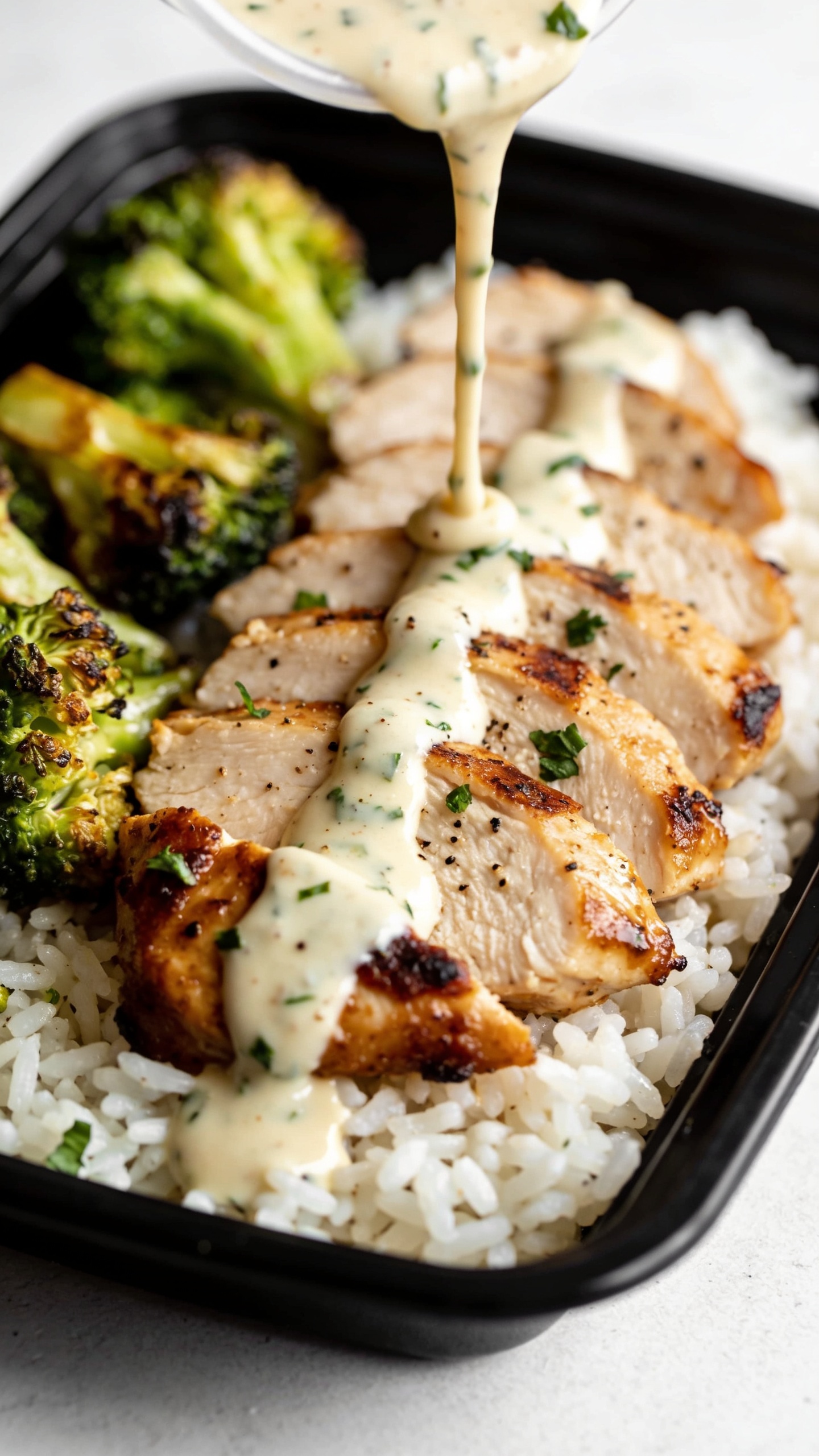Extreme close-up from a different angle of the same plated meal-prep container: sliced garlic ranch chicken fanned over white rice with roasted broccoli tucked to the side, a silky ribbon of ranch-garlic drizzle being poured over the chicken mid-stream. Sauce coats and pools lightly, catching specks of parsley and black pepper; chicken shows caramelized edges and moist interior. Broccoli looks crisp-tender with charred tips, rice grains distinct and fluffy. Bright natural lighting, shallow depth of field, 90–95% food in frame, rich textures and vibrant colors consistent with the first images.