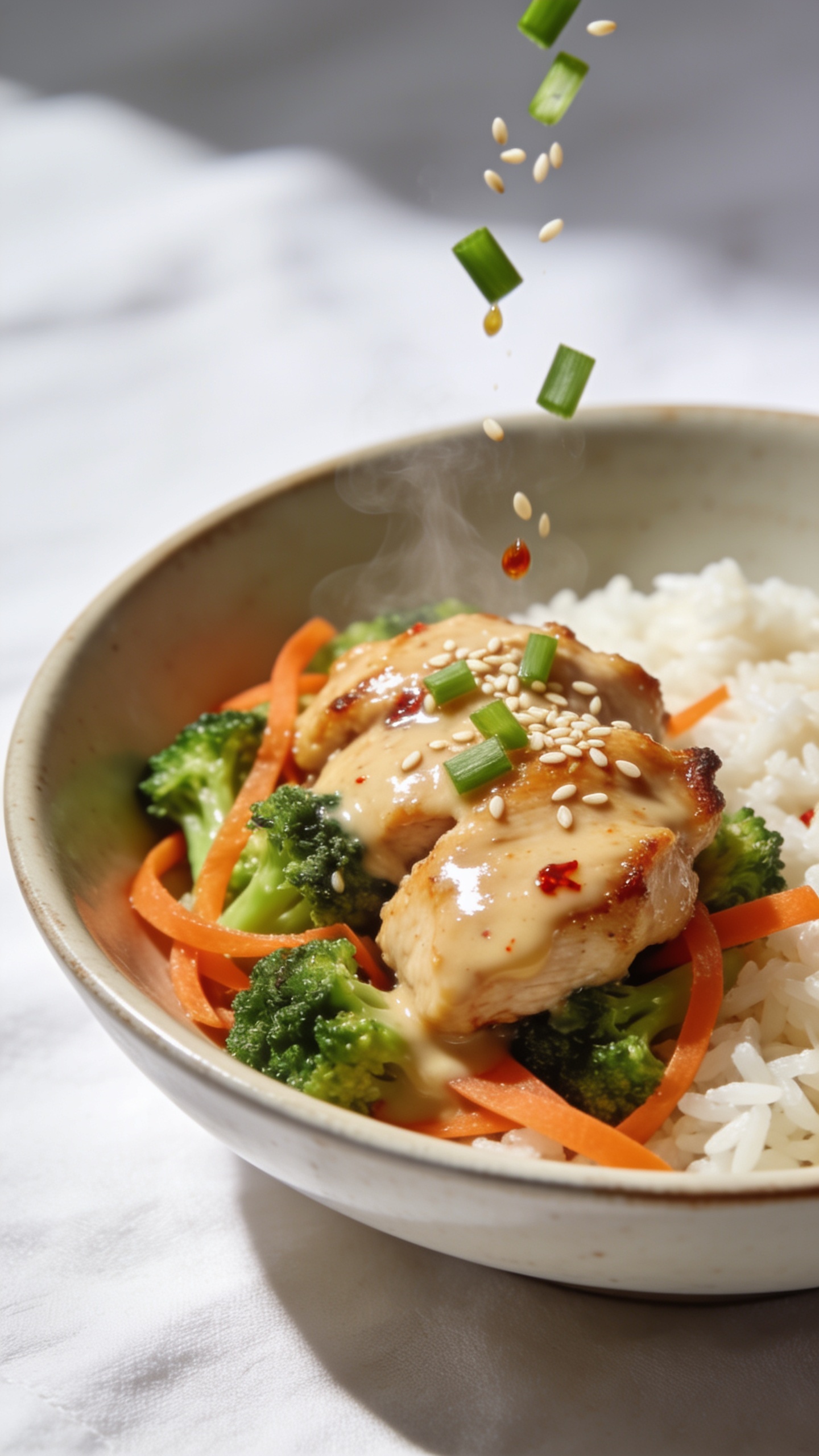 Macro detail angle of the same finished bowl: focus on a small cluster of sauced chicken nestled against vibrant broccoli and carrot ribbons over rice. Fresh sesame seeds and green onions falling in mid-sprinkle, a few caught on the glossy sauce. Visible steam rising subtly from the chicken and rice. Creamy sauce looks velvety with chili flecks; chicken edges slightly crisp. Bright natural side light, soft shadows, shallow depth of field, neutral ceramic and white linen keep attention on the rich textures and colors. Food fills 90–95% of frame, consistent styling with images 1 and