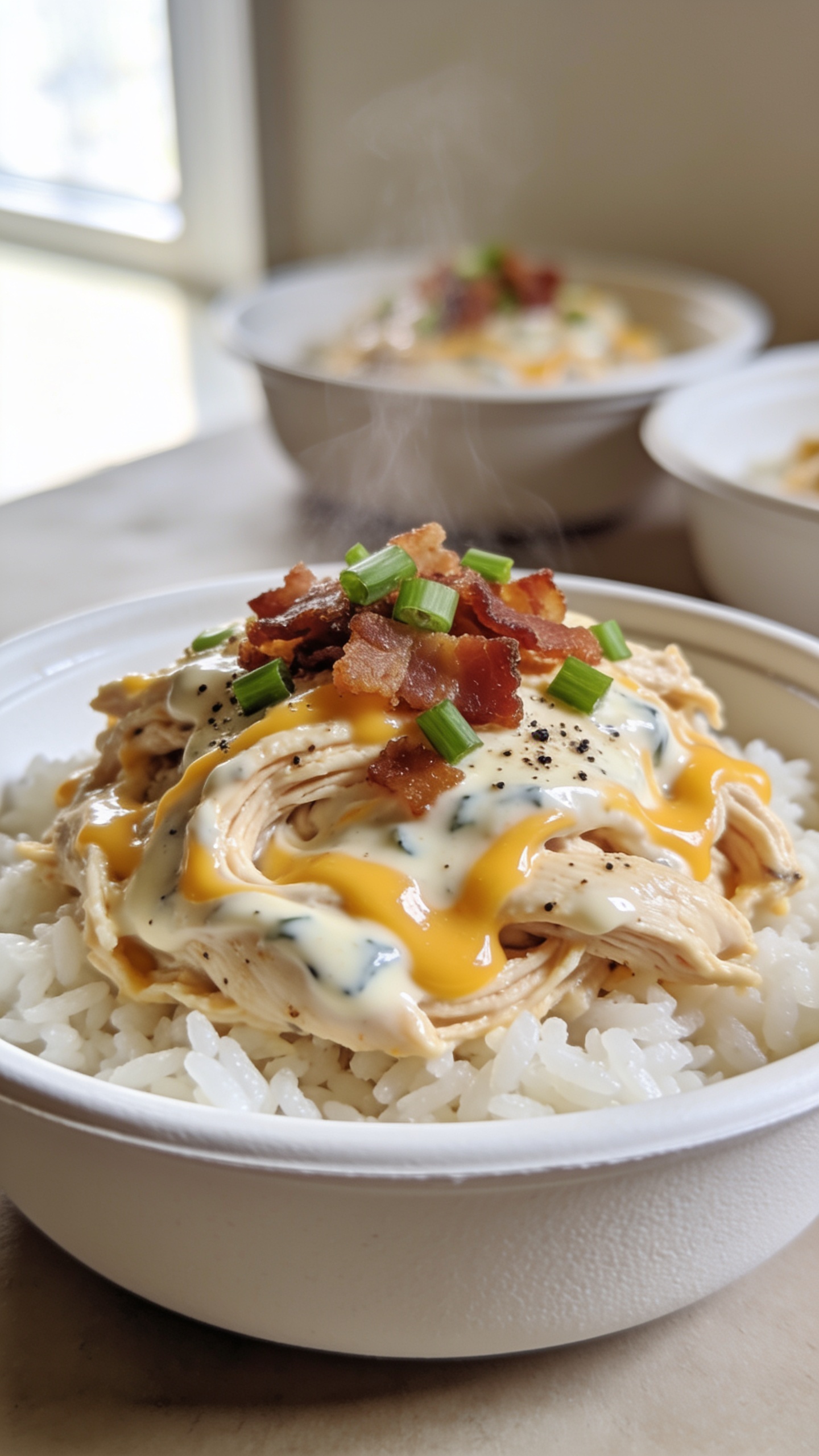 Ultra-close-up hero shot of High Protein Crack Chicken meal prep bowl: juicy shredded chicken breast coated in a glossy creamy ranch-Greek yogurt and light cream cheese sauce, swirled with melted cheddar, topped with crisp crumbled bacon and finely sliced green onions, a sprinkle of cracked black pepper; served over fluffy white rice in a shallow matte white meal-prep bowl with matching twin bowls blurred behind for consistency; bright natural window light from the left, soft bounce fill, shallow depth of field, food filling 90–95% of frame, visible steam rising subtly, luscious sheen on sauce, warm neutral background and minimal props to keep the dish the star.