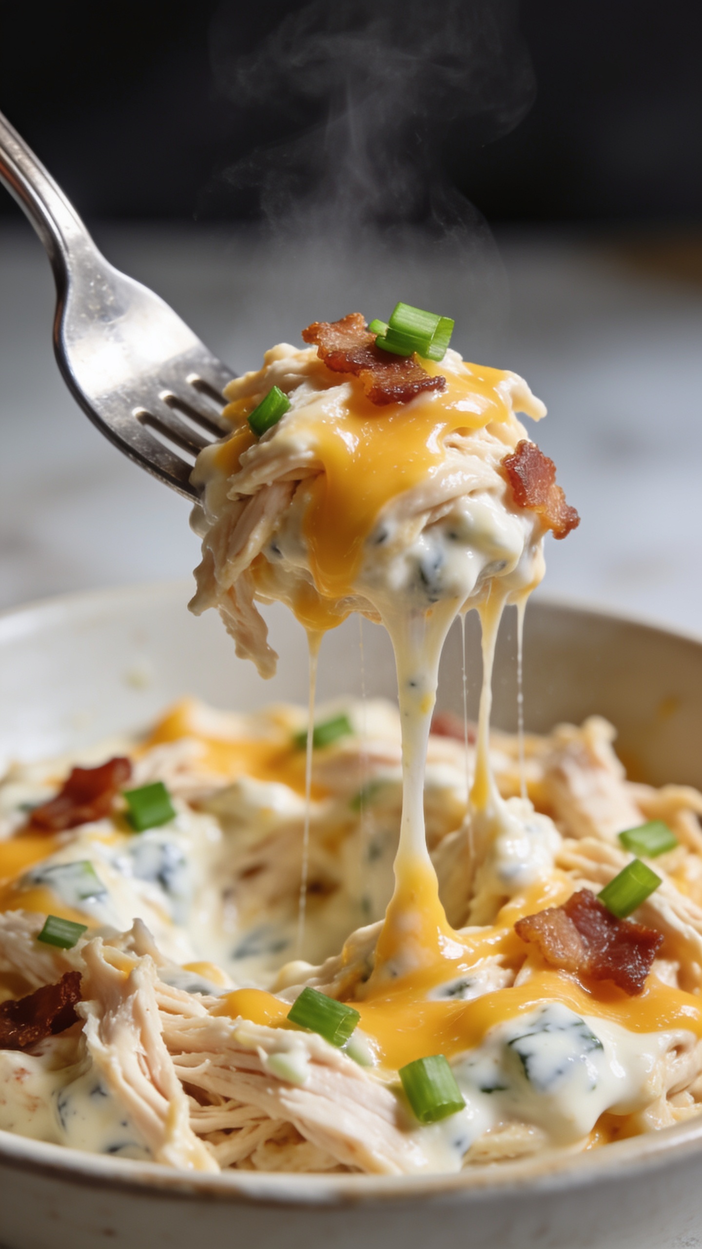 Dynamic action close-up capturing the perfect bite: a stainless steel fork lifting a heaping, irresistible bite of the same Crack Chicken from the bowl—shredded chicken strands coated in creamy ranch-Greek yogurt sauce with glossy melted cheddar stretching in thin strands, a few bacon crumbles clinging to the bite, flecks of green onion on top; background shows the rest of the bowl softly blurred; bright natural side light, very shallow depth of field, food filling 90–95% of frame, a hint of steam, no hands visible, intense texture detail and cheese pull frozen mid-air one second before the bite reaches the mouth.