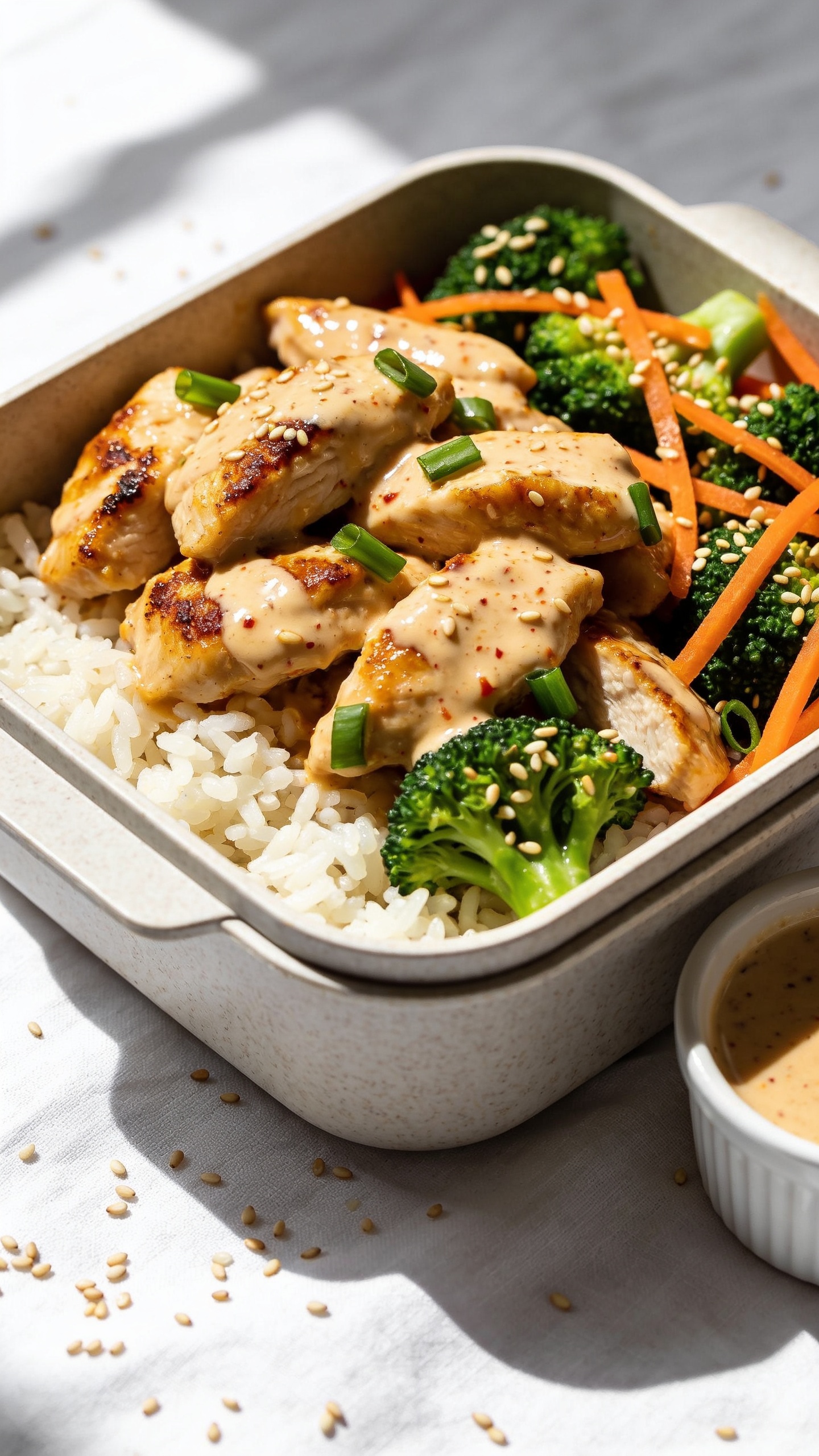 Ultra close-up hero shot of High Protein Bang Bang Chicken meal-prep bowl: glossy bang bang–sauced chicken breast pieces (lightly crisped edges) piled over fluffy jasmine rice, alongside bright steamed broccoli florets and thin carrot ribbons, sprinkled with toasted sesame seeds and sliced green onions. Sauce is creamy-pink, speckled with chili flakes; chicken looks juicy with subtle char. Bowl sits in a neutral matte ceramic meal-prep container with a small ramekin of extra sauce tucked in the corner. Bright natural window light from the left, gentle shadows, shallow depth of field, white linen backdrop with a few sesame seeds scattered. Food fills 90–95% of frame; looks clean, fresh, and high-protein.