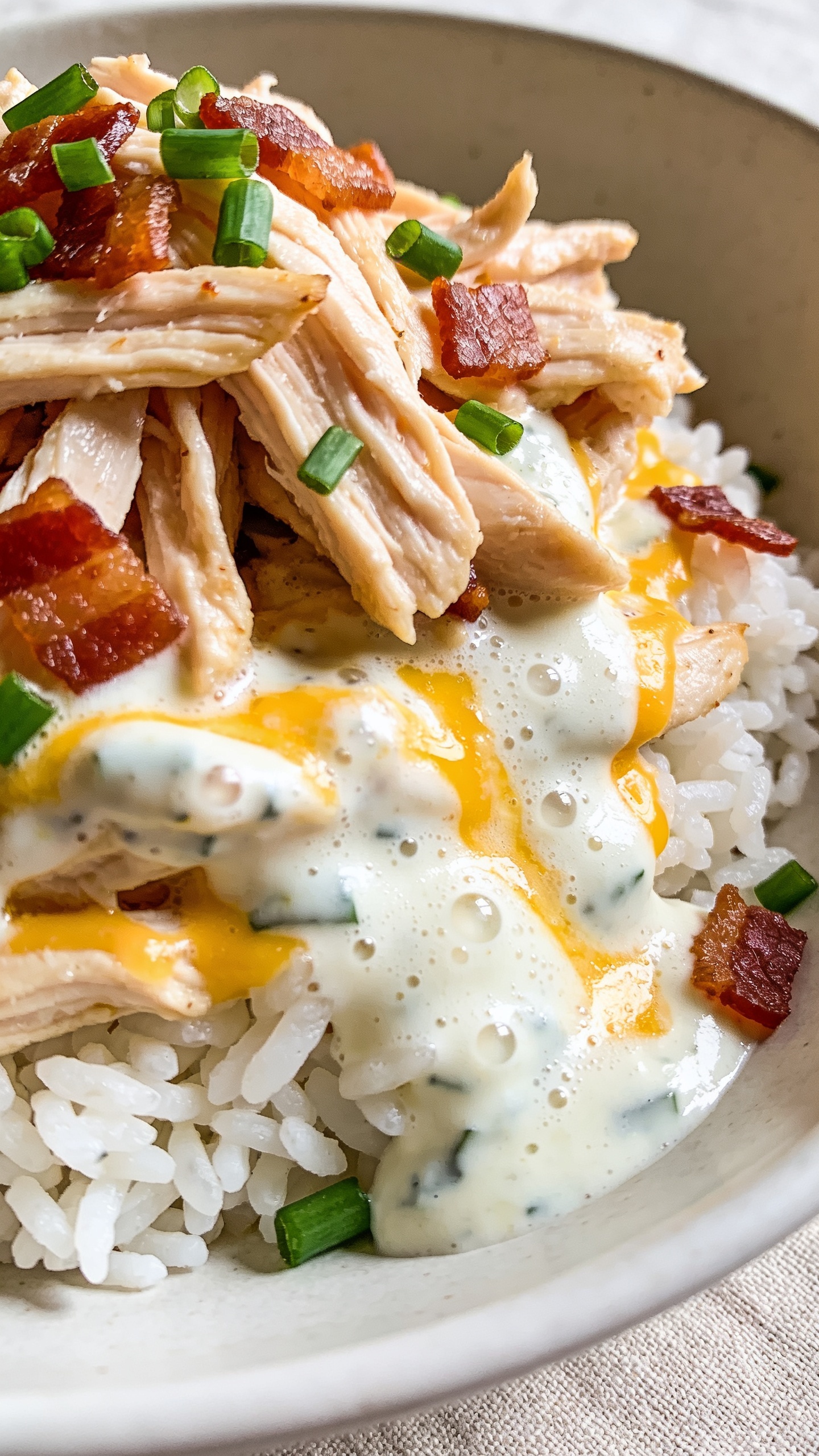 Macro close-up from a 45-degree angle of the plated meal prep bowl: chicken piled generously over white rice with the creamy ranch-yogurt sauce pooling and glistening, crisp-edged bacon bits scattered, melted cheddar marbled through the sauce, fresh green onions sprinkled over, micro-beads of condensation on the sauce from heat; bright natural lighting, shallow depth of field, neutral linen surface barely visible at edges, food filling 90–95% of frame, emphasizing juicy chicken fibers, glossy sauce, crispy bacon texture, and vibrant green onion pop to match the same finished recipe.