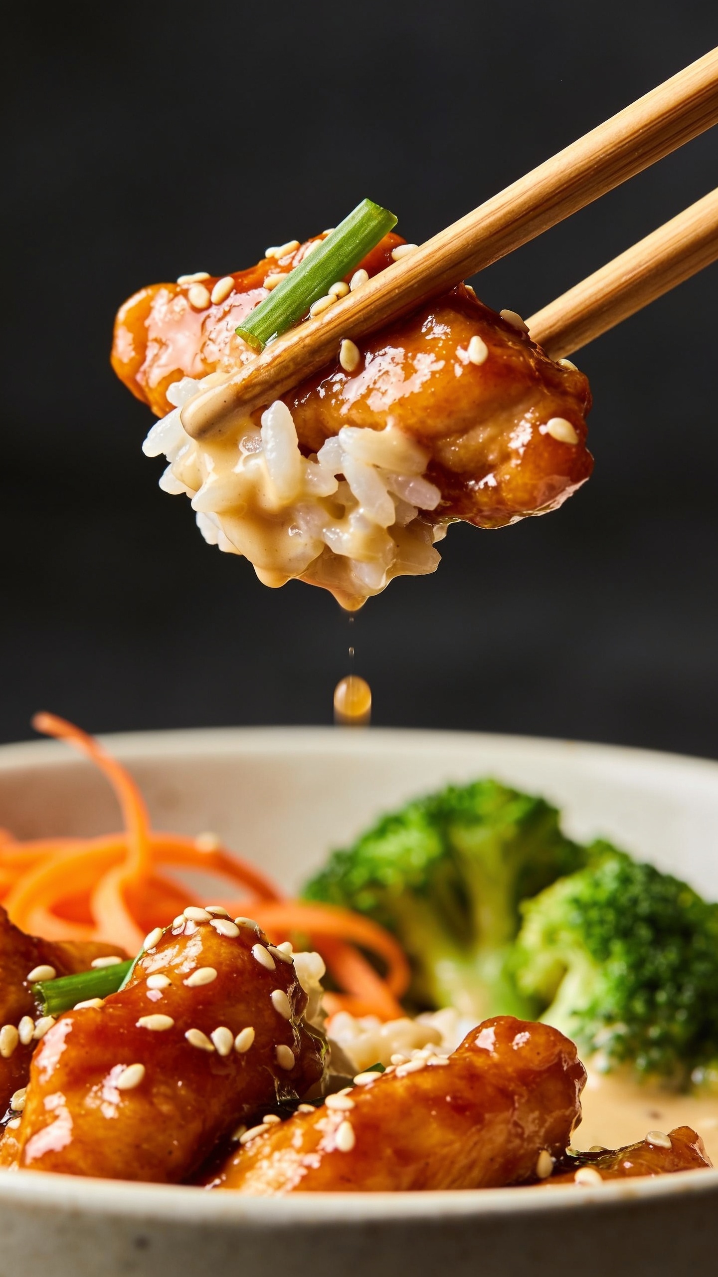 Dynamic action close-up: wooden chopsticks lifting the perfect bite—one glossy bang bang–sauced chicken piece with a tuft of jasmine rice clinging to it, a sliver of green onion, and a sesame seed or two. Creamy-pink sauce glistens, a micro-drip suspended mid-air from the chicken. Background shows the same bowl with broccoli florets and carrot ribbons slightly blurred. Bright natural lighting, shallow depth of field, no hands visible, food fills 90–95% of frame. Premium food-magazine vibe with motion frozen at the most mouthwatering moment.