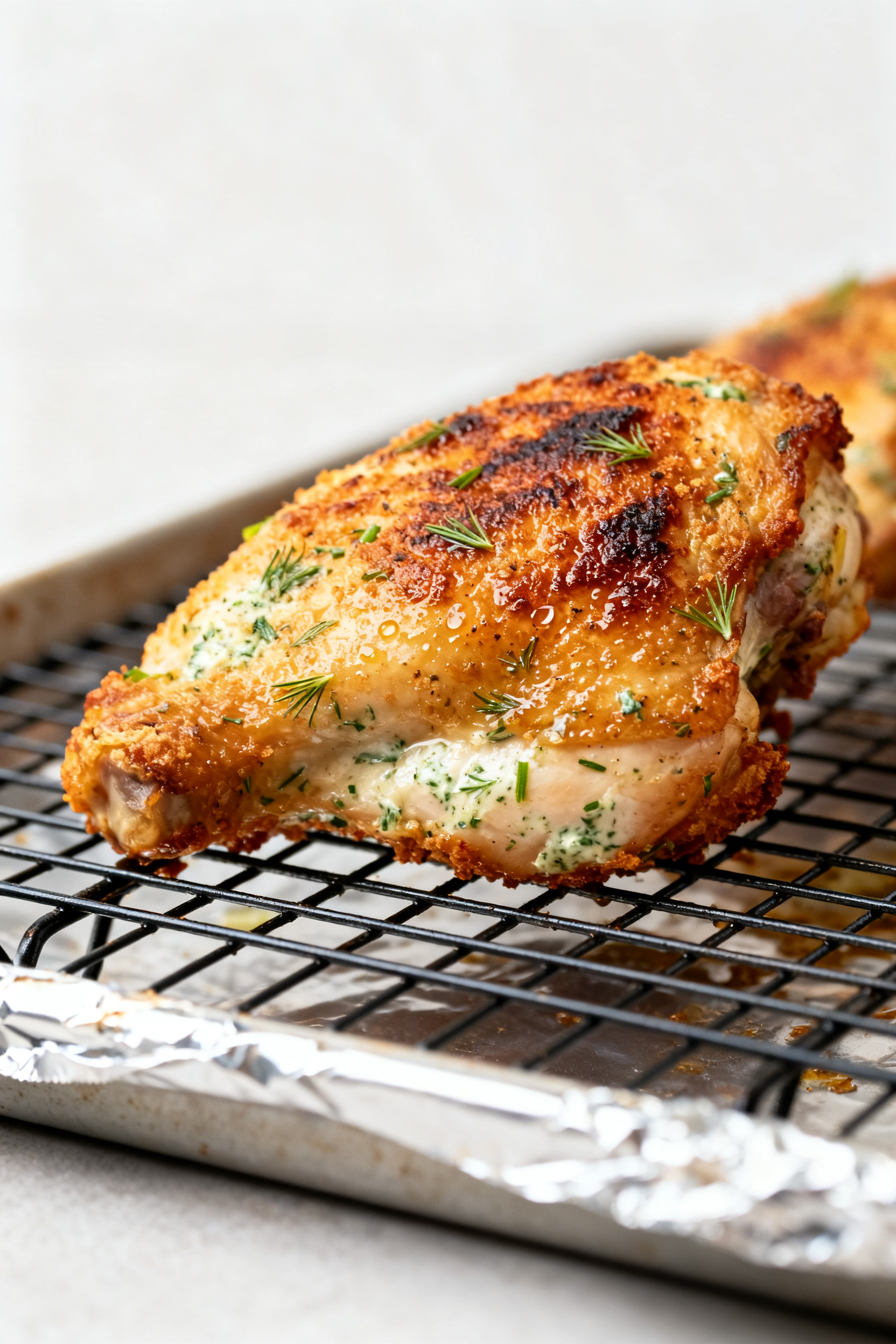 Close-up detail: Crispy ranch chicken thigh straight out of the oven, skin-side up on a wire rack ov