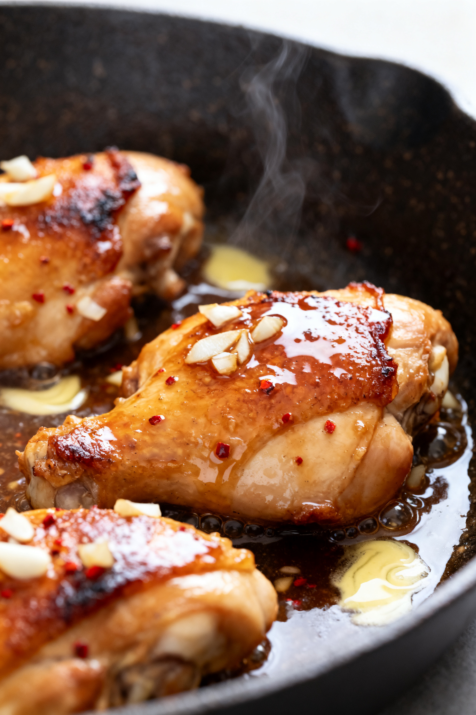 Close-up detail shot of glossy honey-garlic glazed chicken thighs simmering in a skillet, sauce bubb