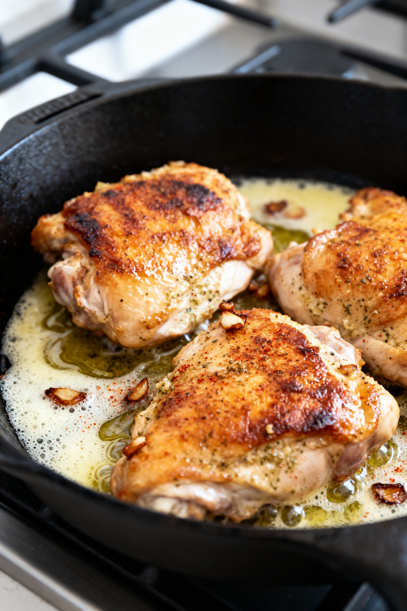 Close-up detail: Sizzling Garlic Parmesan Chicken Thighs skin-side down in a black cast-iron skillet