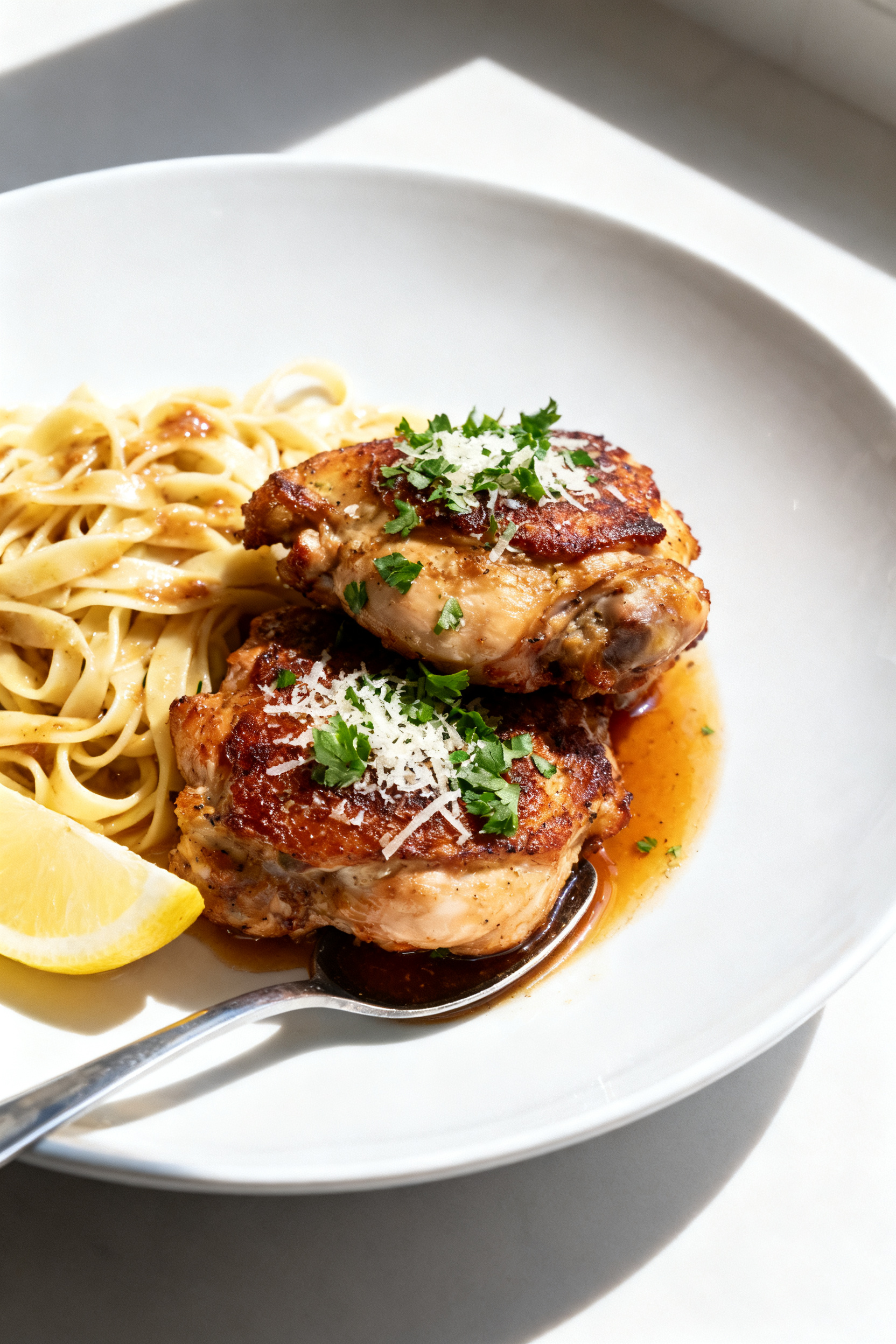 Final dish presentation: Restaurant-quality plating of Garlic Parmesan Chicken Thighs on a wide whit