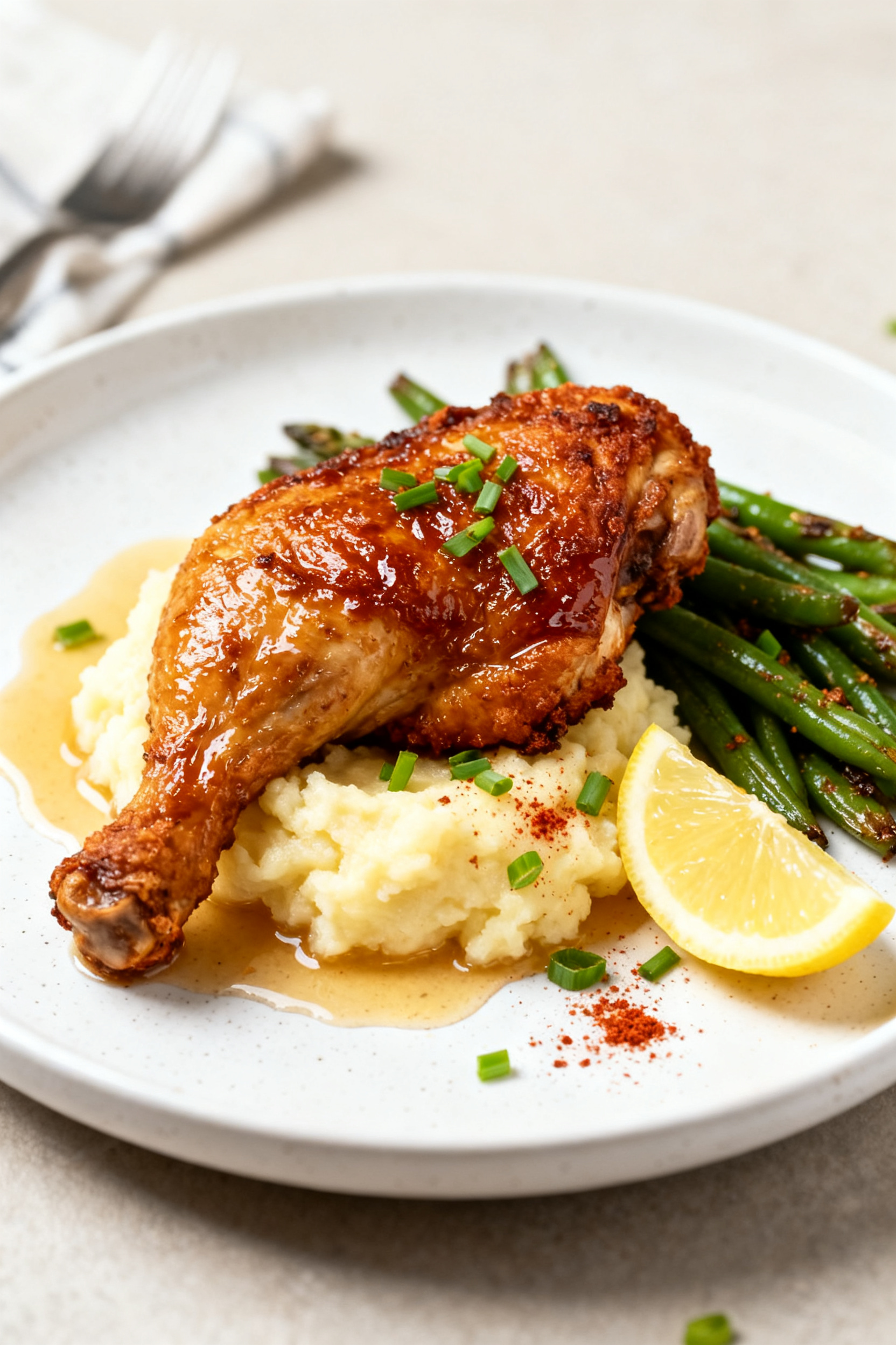 Final plated dish: Restaurant-quality presentation of a single crispy ranch chicken thigh on a white
