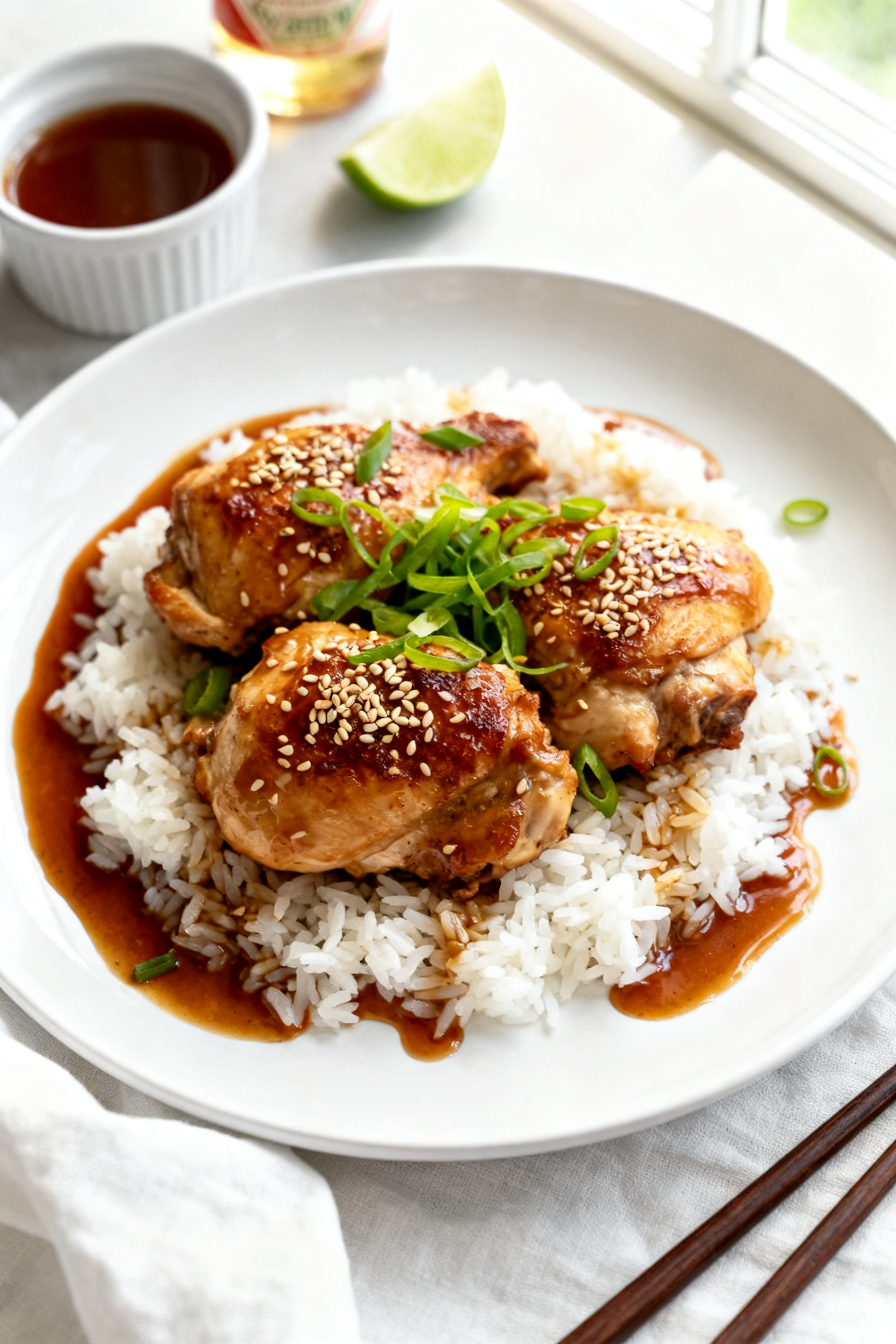 Overhead âtasty top viewâ of the final plated Honey Garlic Chicken Thighs over fluffy jasmine ri