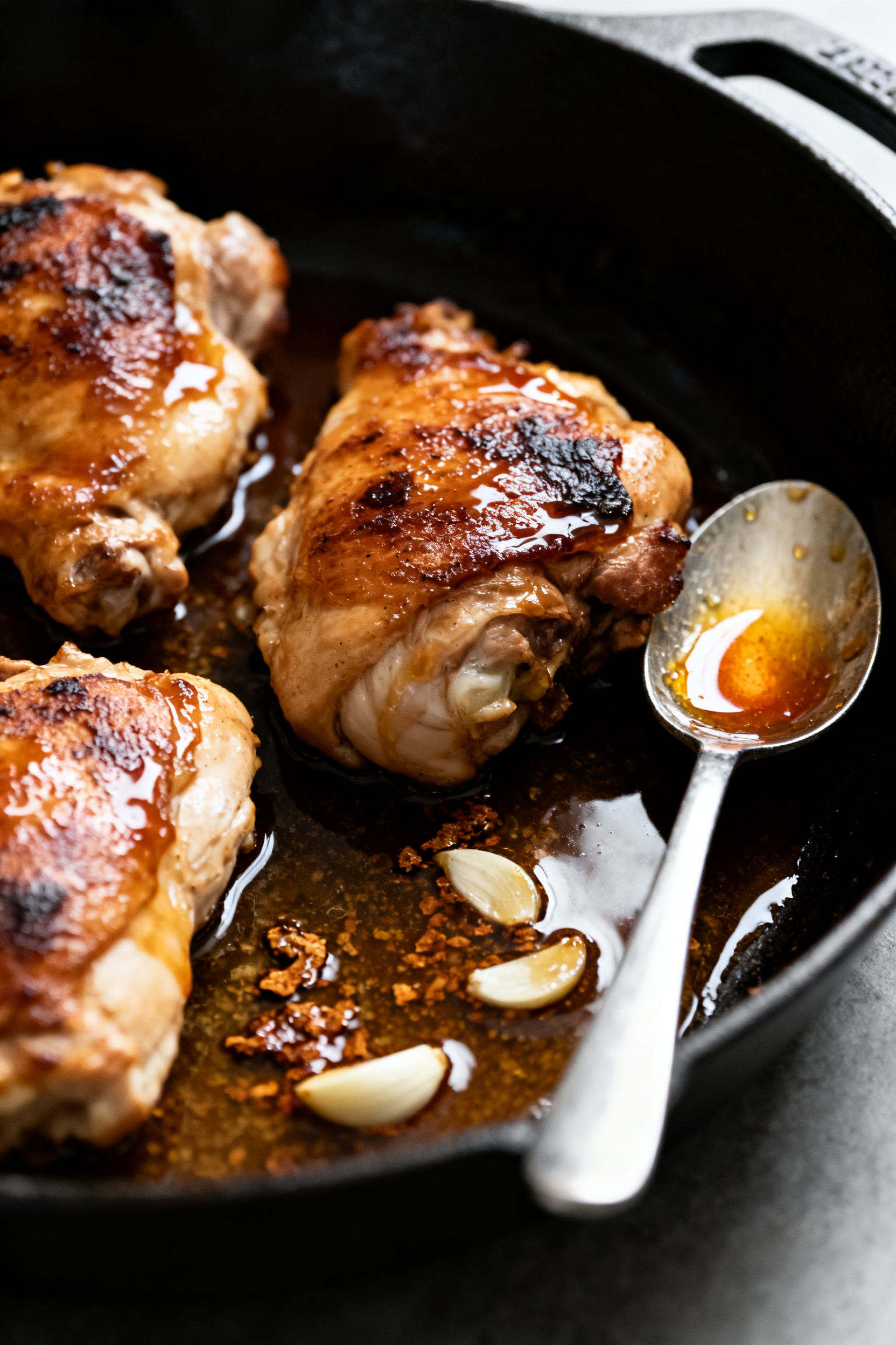 Process-action shot at the deglaze/combine stage: browned chicken thighs returned to the pan as the