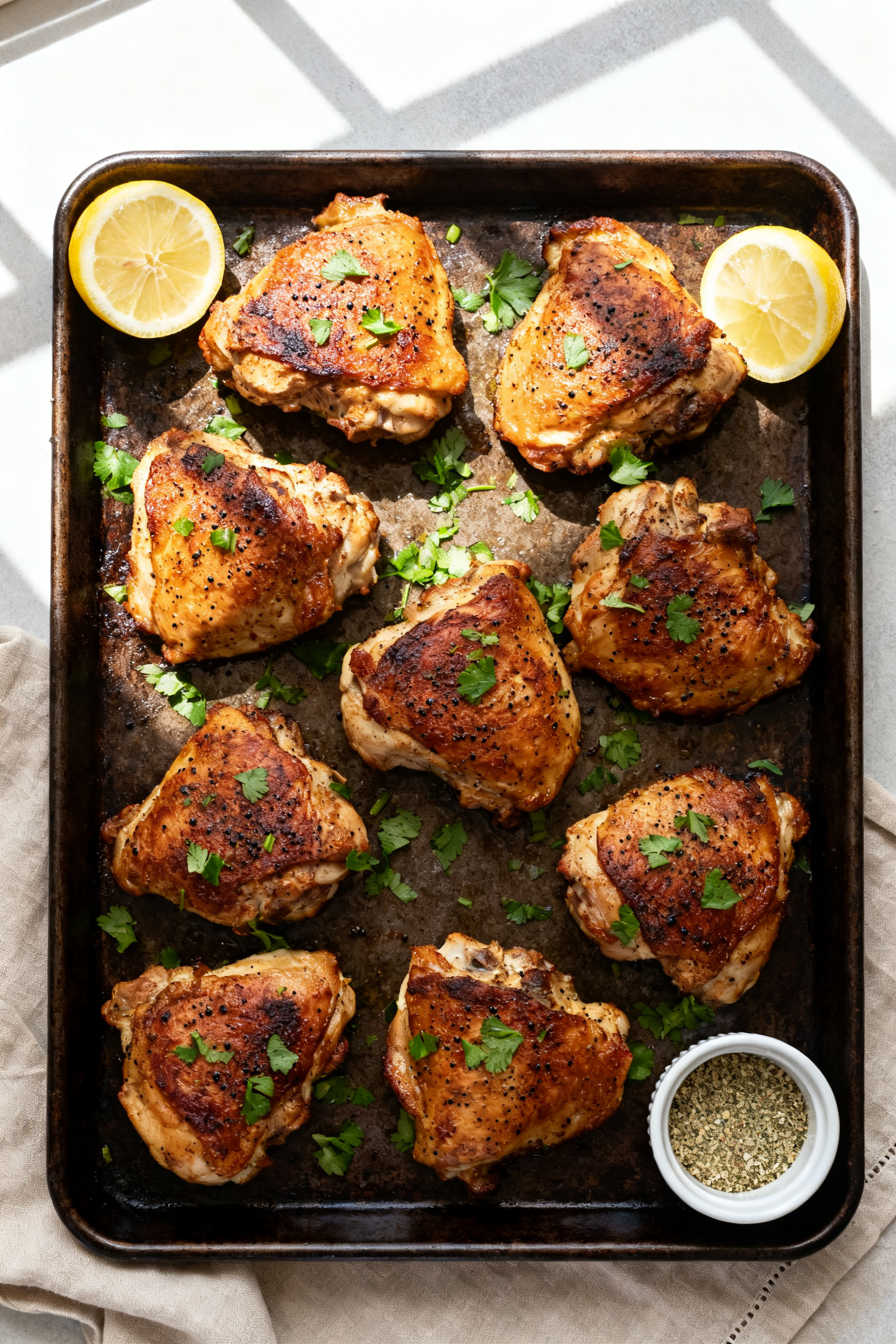 Tasty top view: Overhead shot of a family-style sheet pan of fully roasted ranch chicken thighs arra