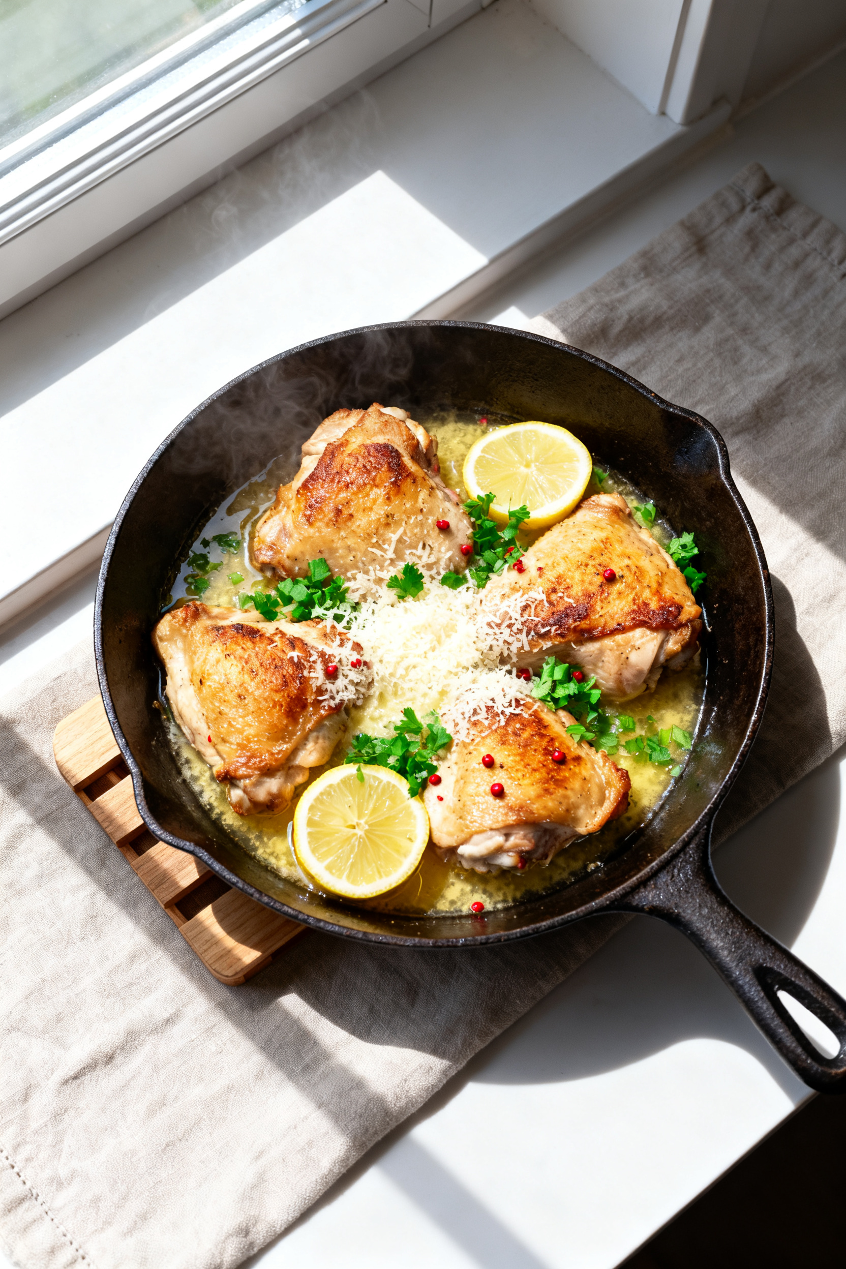 Tasty top view: Overhead shot of the skillet right after oven finish—crispy chicken thighs nestled
