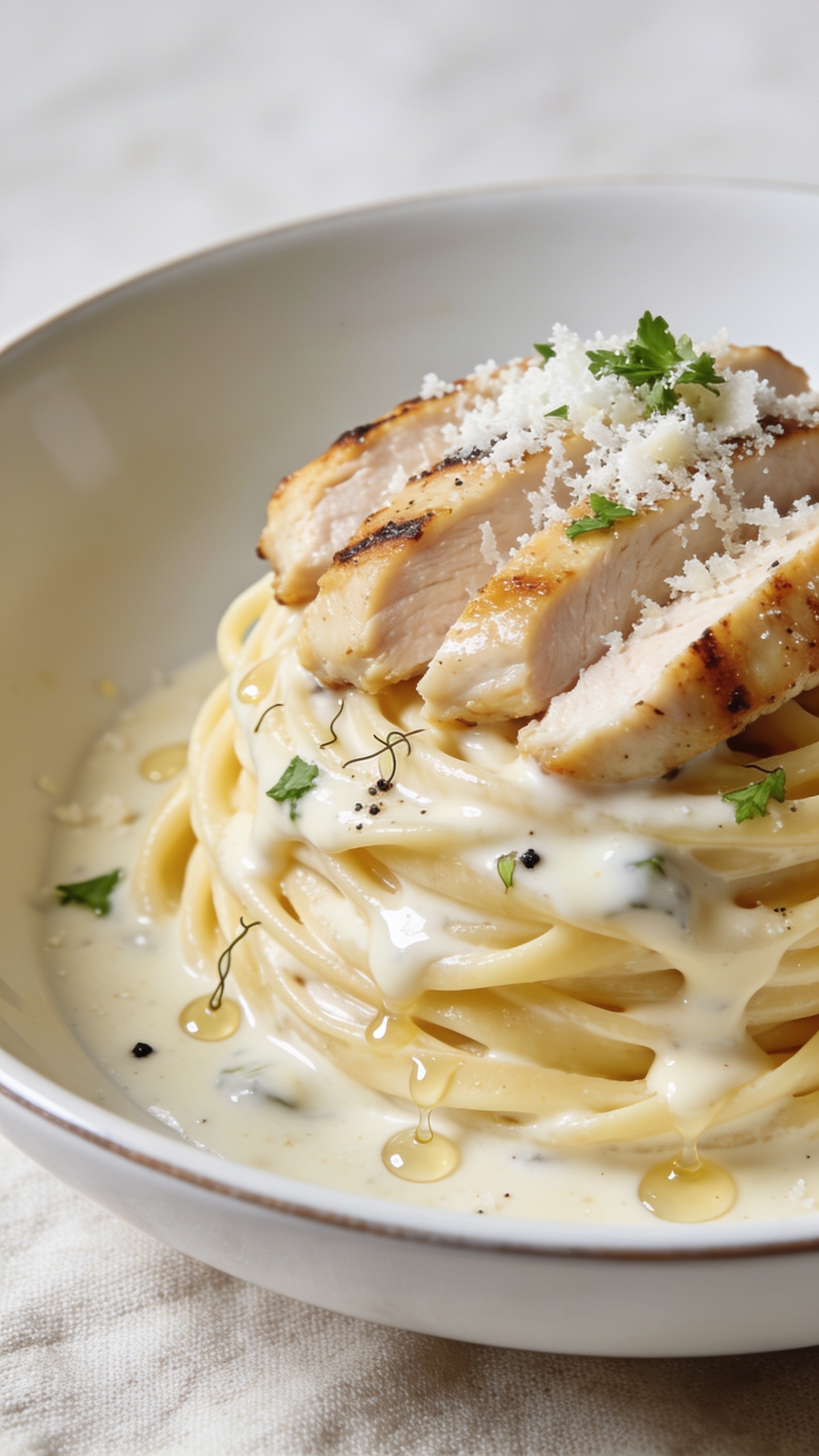 Extreme close-up hero shot of High Protein Chicken Alfredo Pasta: al dente fettuccine swirled into a tall nest, coated in a glossy, velvety light-cream and Greek-yogurt Alfredo sauce, topped with juicy sliced grilled chicken breast (light golden sear, moist interior), a snowfall of freshly grated Parmesan, and a sprinkle of finely chopped parsley. A few flecks of black pepper and micro droplets of sauce glisten on the noodles. Plate in a wide, shallow white bowl with minimal rim; neutral linen beneath for subtle texture. Bright natural side lighting, shallow depth of field, creamy tones and rich highlights on the sauce. Food fills 90–95% of frame, premium food-blog styling, no text, no hands.