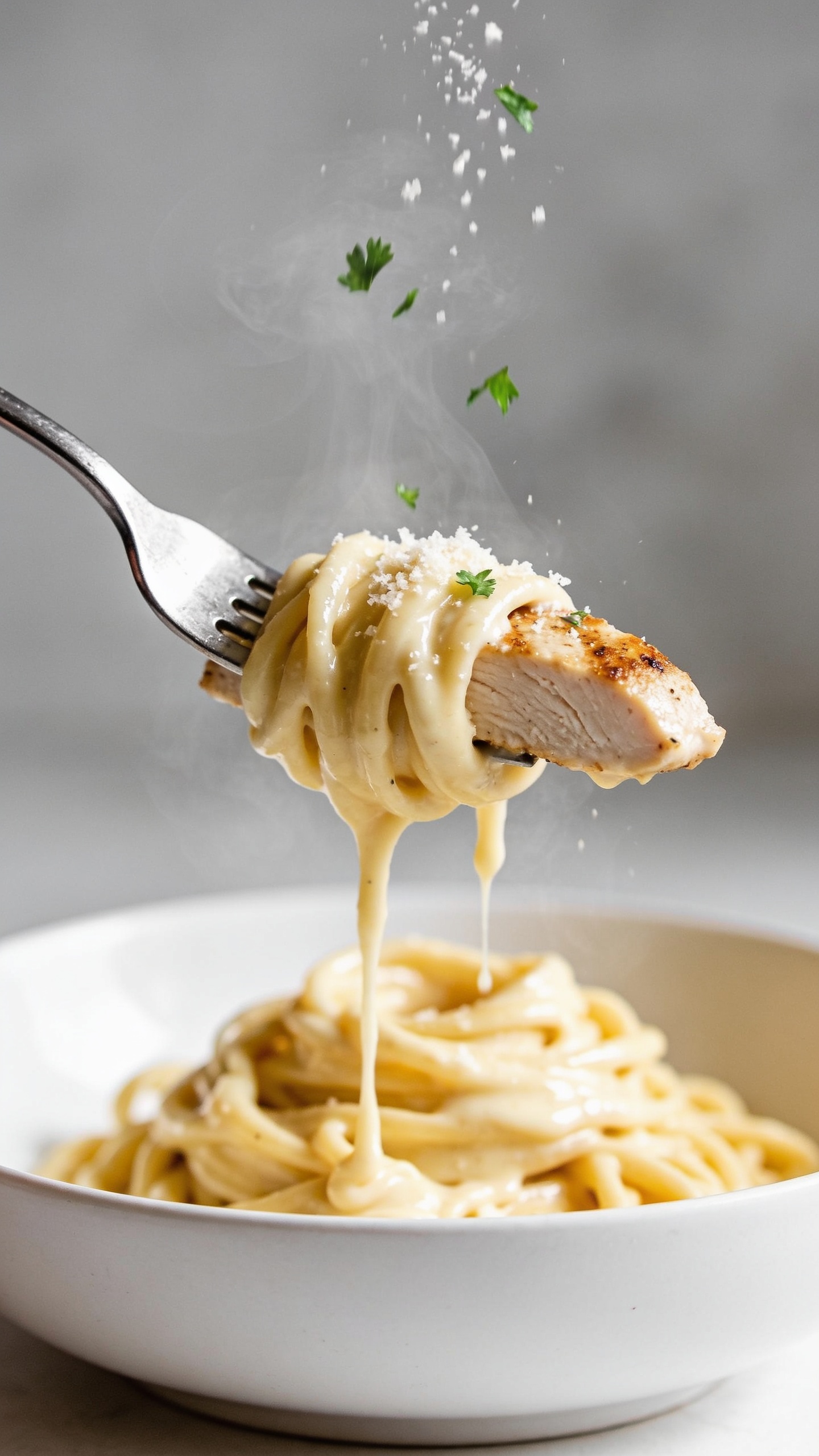 Dynamic bite moment: a polished fork lifting the perfect twirl of fettuccine coated in glossy Alfredo, a tender slice of seared chicken breast anchored in the twirl, strings of creamy sauce stretching slightly from the bowl to the fork. Steam faintly rising, micro-grated Parmesan clinging to the sauce, a few parsley flakes mid-fall frozen in motion. Background shows the same white bowl piled with the pasta, softly blurred. Bright natural lighting, shallow depth of field, food occupies 90–95% of frame, irresistible magazine-cover anticipation, only the fork visible, no hands.