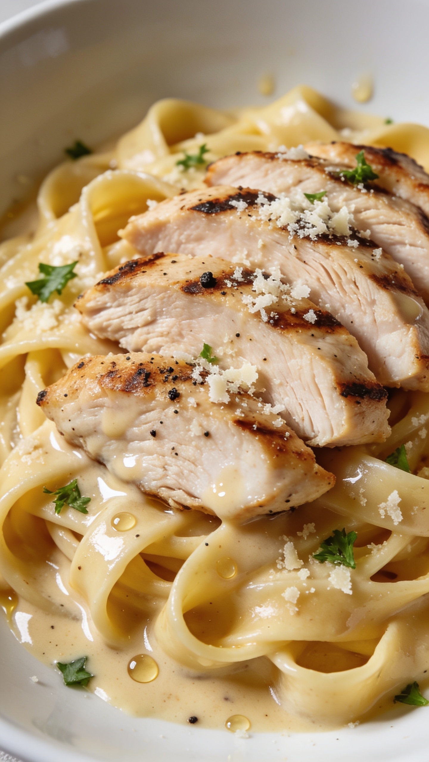 Ultra close-up angled overhead-to-45° detail shot of the same plated pasta: tight focus on the glossy sauce pooling and clinging between silky fettuccine ribbons, with sliced grilled chicken fanned on top (light char edges, juicy fibers visible), freshly grated Parmesan scattered, tiny parsley confetti, and a crack of black pepper. A light sheen and small sauce droplets catch the light; edges of the white bowl barely visible. Bright natural lighting, shallow depth of field highlighting creamy textures and juicy chicken, food fills 90–95% of frame, cohesive with the hero image.