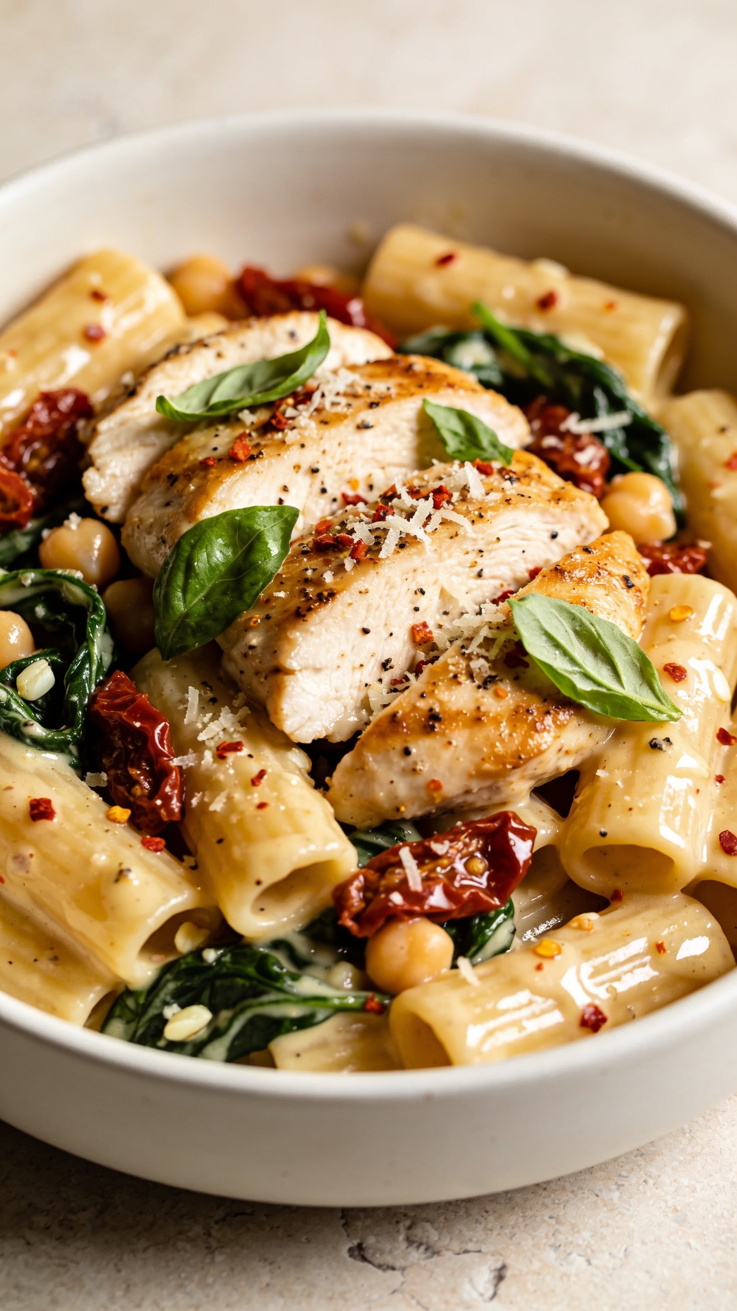 Ultra-close hero shot of High Protein Marry Me Chicken Pasta: al dente chickpea rigatoni coated in a glossy, creamy garlic-Parmesan sauce with chopped sun-dried tomatoes and ribbons of wilted spinach; golden seared chicken breast slices nestled throughout, lightly dusted with cracked black pepper and micro-grated Parmesan; flecks of crushed red pepper and torn fresh basil leaves scattered on top; sauce clings to pasta with visible sheen and tiny garlic and tomato specks; bright natural side light, shallow depth of field, matte white low bowl on a light stone surface, warm neutral backdrop; food fills 90â95% of frame, no text, no hands.