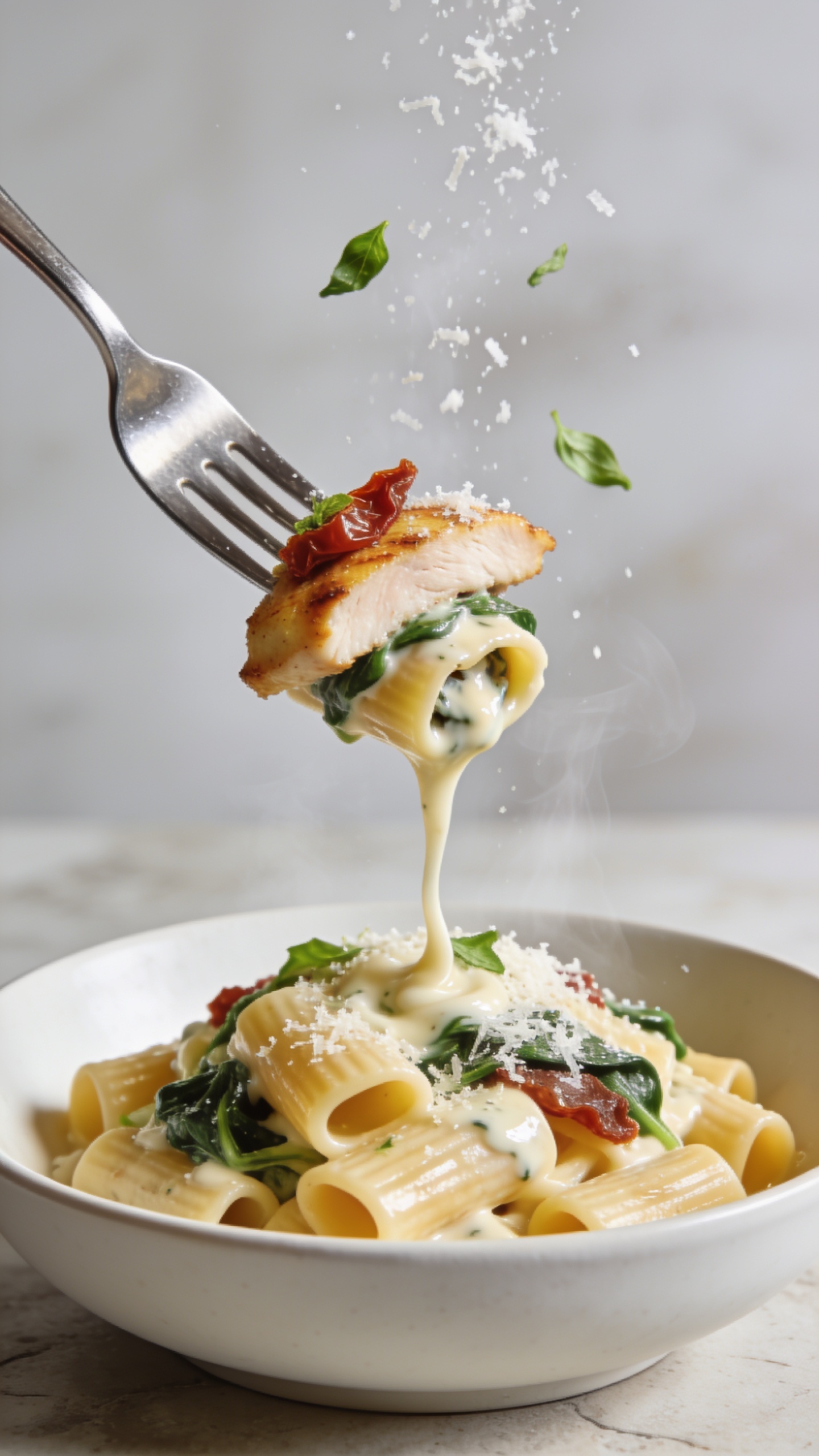 Action close-up: a polished fork lifting the perfect bite of Marry Me Chicken Pasta one second before a mouthfulâone rigatoni tube stuffed with creamy sauce, a juicy slice of golden-seared chicken, a sliver of sun-dried tomato, and a wisp of spinach; glossy sauce stretching in a silky ribbon from the fork back to the mound of pasta below; a light snowfall of micro-grated Parmesan and a few basil flecks mid-air; faint steam rising; bright natural lighting, shallow depth of field, same matte white low bowl and light stone surface; food occupies 90â95% of frame; only the fork visible, no hands, no text.