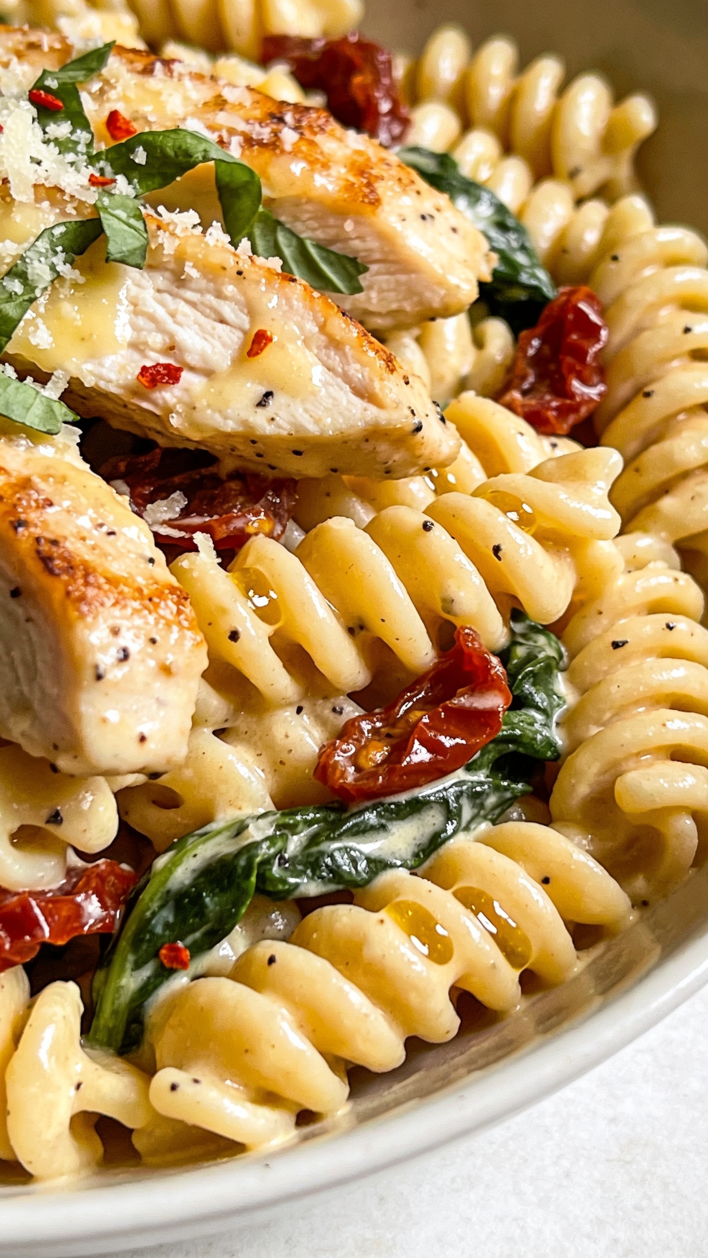 Tight macro angle from slightly above rim level: twirls of chickpea rigatoni layered with tender chicken slices, sun-dried tomato pieces, and spinach, all lacquered in a velvety, pepper-flecked cream sauce; tiny pools of glossy sauce collecting in pasta ridges, edges of chicken lightly crisped; finished with grated Parmesan melt, basil chiffonade, and a few red pepper flakes for color pop; bright natural light, shallow depth of field, same dishware and surface for continuity; food fills 90â95% of frame, no text, no hands.