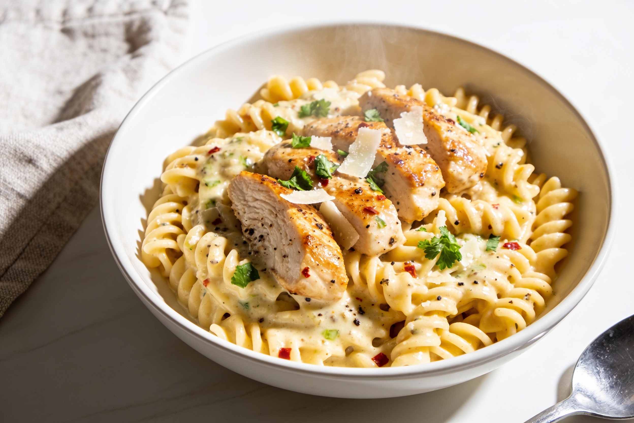 High Protein Creamy Garlic Parmesan Chicken Pasta