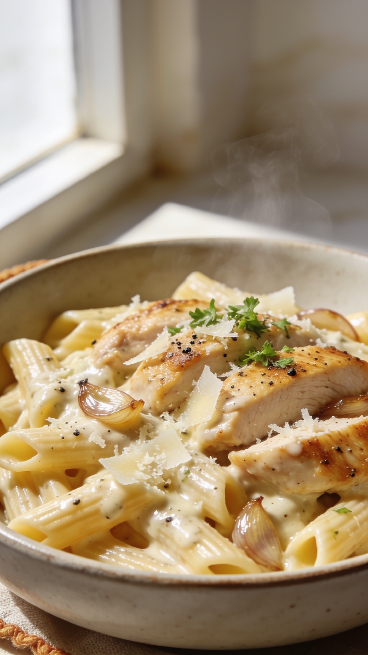 Extreme close-up hero shot of a bowl of high-protein creamy garlic Parmesan chicken pasta: al dente ridged penne coated in a glossy, silky off-white Parmesan-garlic sauce with visible pepper flecks; juicy golden-seared chicken breast slices nestled throughout; fine shavings of Parmesan melting into the sauce; a light sprinkle of chopped fresh parsley and cracked black pepper on top; a few glossy sautéed garlic slices peeking through; steam subtly rising; bright natural window light from the left, soft shadows on the right; shallow depth of field with the front third of the pasta tack-sharp and background blur creamy; food filling 90–95% of the frame; neutral matte stoneware bowl and minimal warm linen edge barely visible for premium food-blog styling.