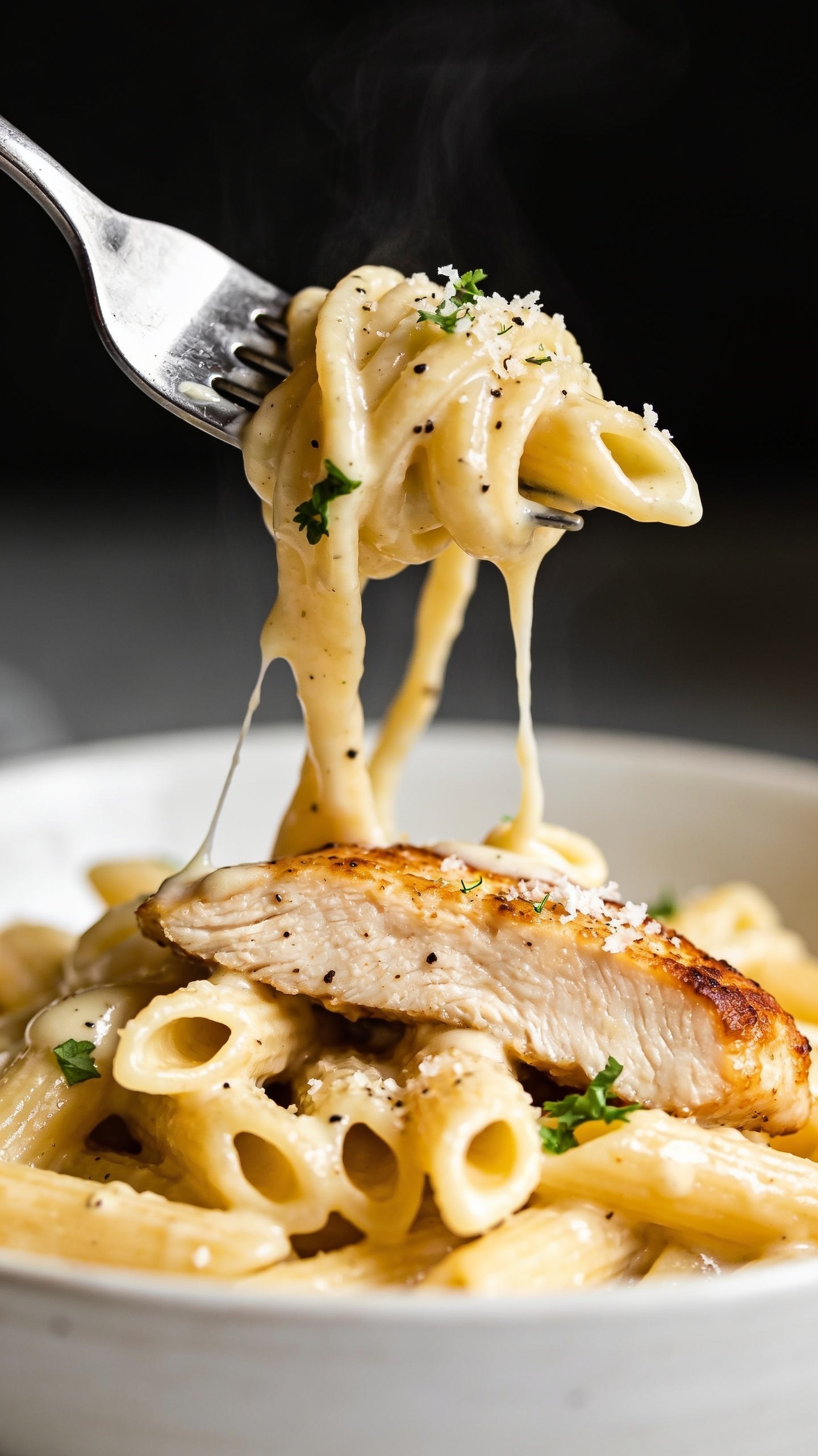 Dynamic action close-up capturing the perfect bite: a polished fork lifting a twirl of the same creamy garlic Parmesan penne with one juicy, golden-seared slice of chicken draped over the pasta; thick, glossy sauce clinging and gently stretching in ribbons from the bowl to the fork; tiny flecks of black pepper and micro-gratings of Parmesan dotting the sauce; a few fresh parsley bits caught on the pasta; faint steam rising; bright natural light and shallow depth of field focused on the lifted bite, with the bowl of identical pasta softly blurred beneath; no hands visible, only the utensil and food; food filling 90–95% of the frame, conveying movement and anticipation one second before the bite.