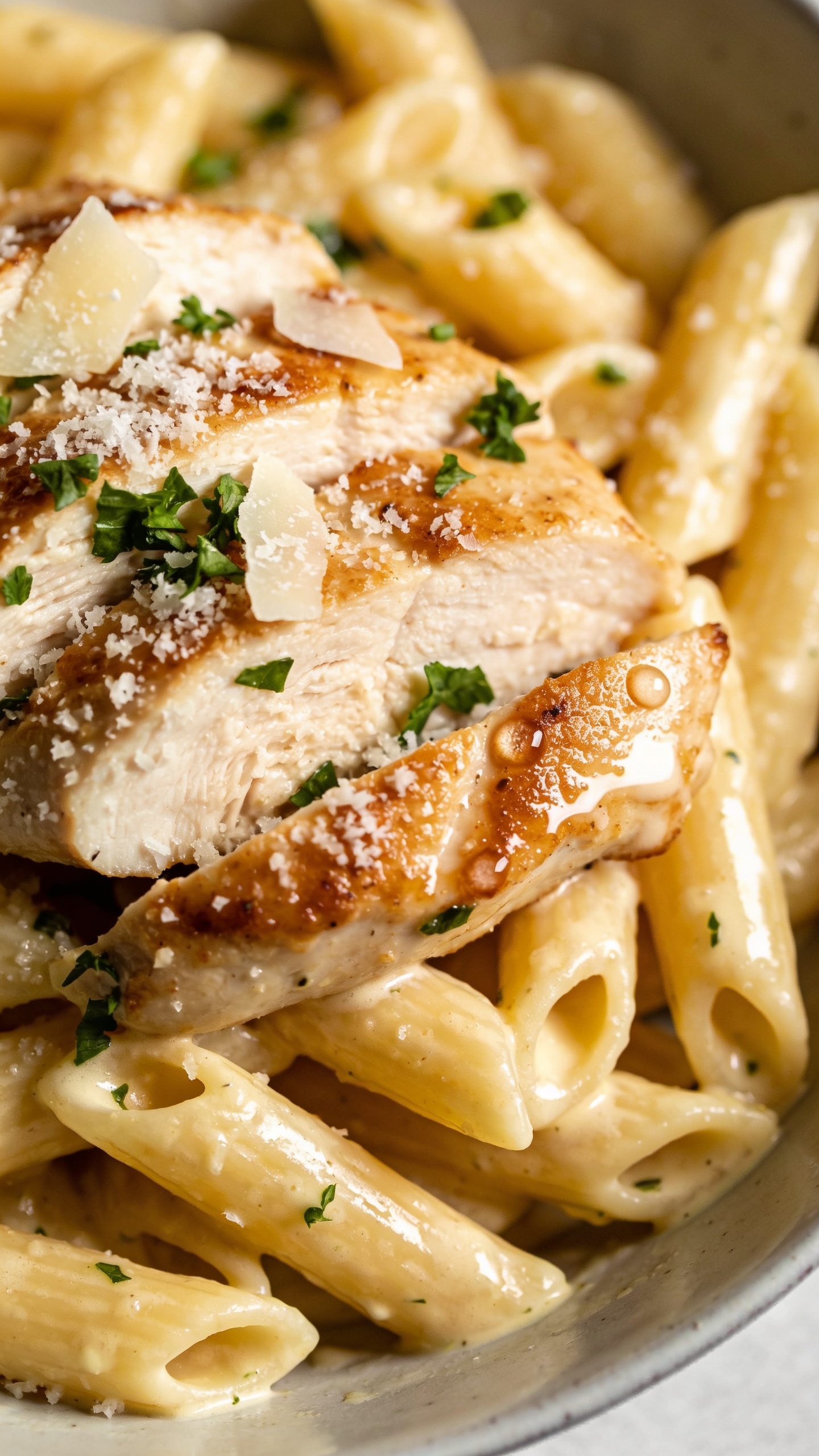 Ultra-close macro angle from slightly overhead and to the side of the same plated dish: penne densely coated in creamy Parmesan-garlic sauce with a subtle sheen, pooling lightly in the pasta’s ridges; overlapping slices of golden-seared chicken breast showing moist, tender texture; fine snow of freshly grated Parmesan scattered across, with a few larger shards catching the light; a sprinkle of parsley providing vibrant green contrast; tiny beads of sauce glistening along chicken edges; bright natural lighting, shallow depth of field isolating a tight section of the bowl, background buttery blur; food occupying 90–95% of the frame for an irresistible, premium blog look.