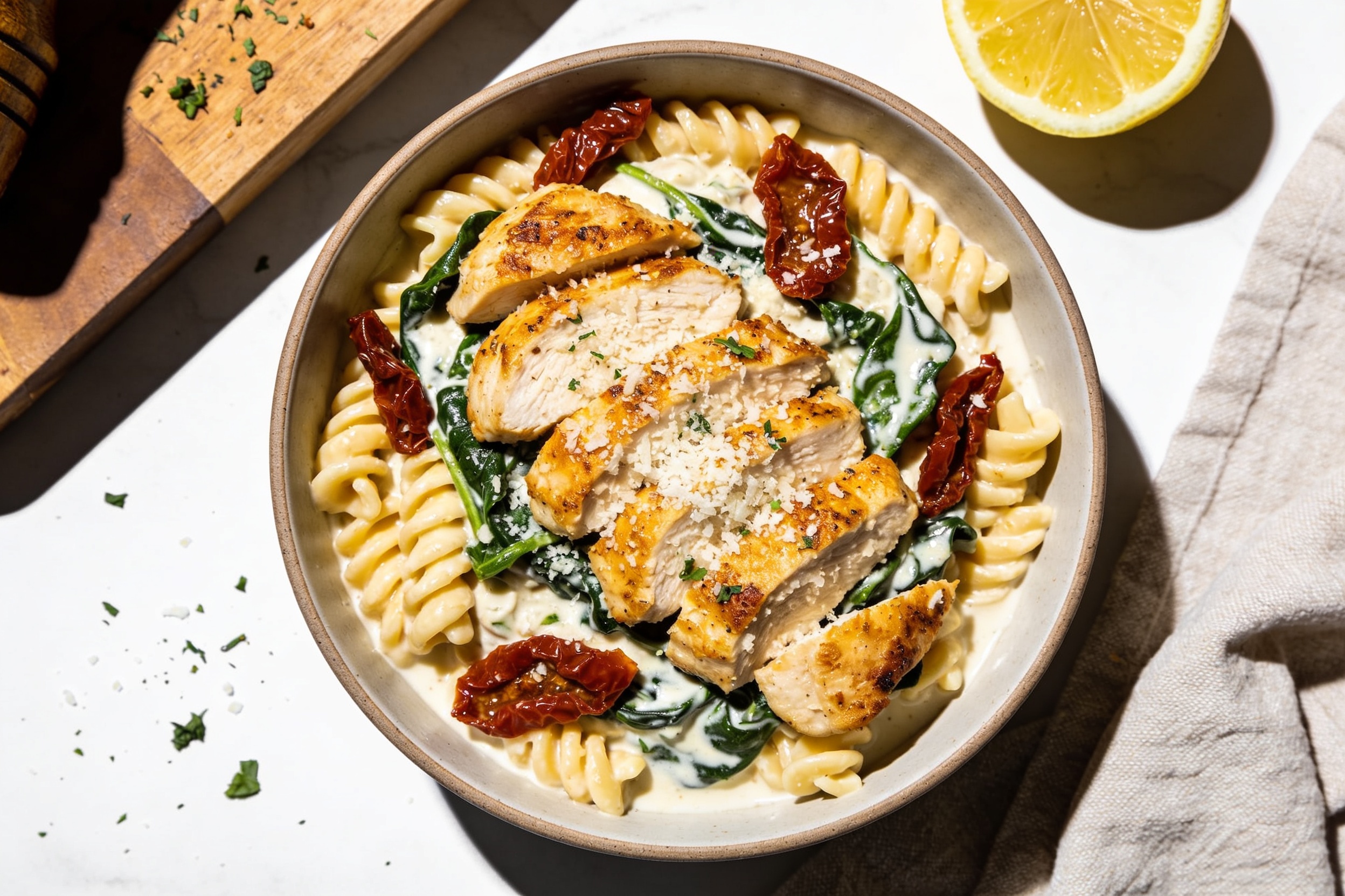 High Protein Tuscan Chicken Pasta