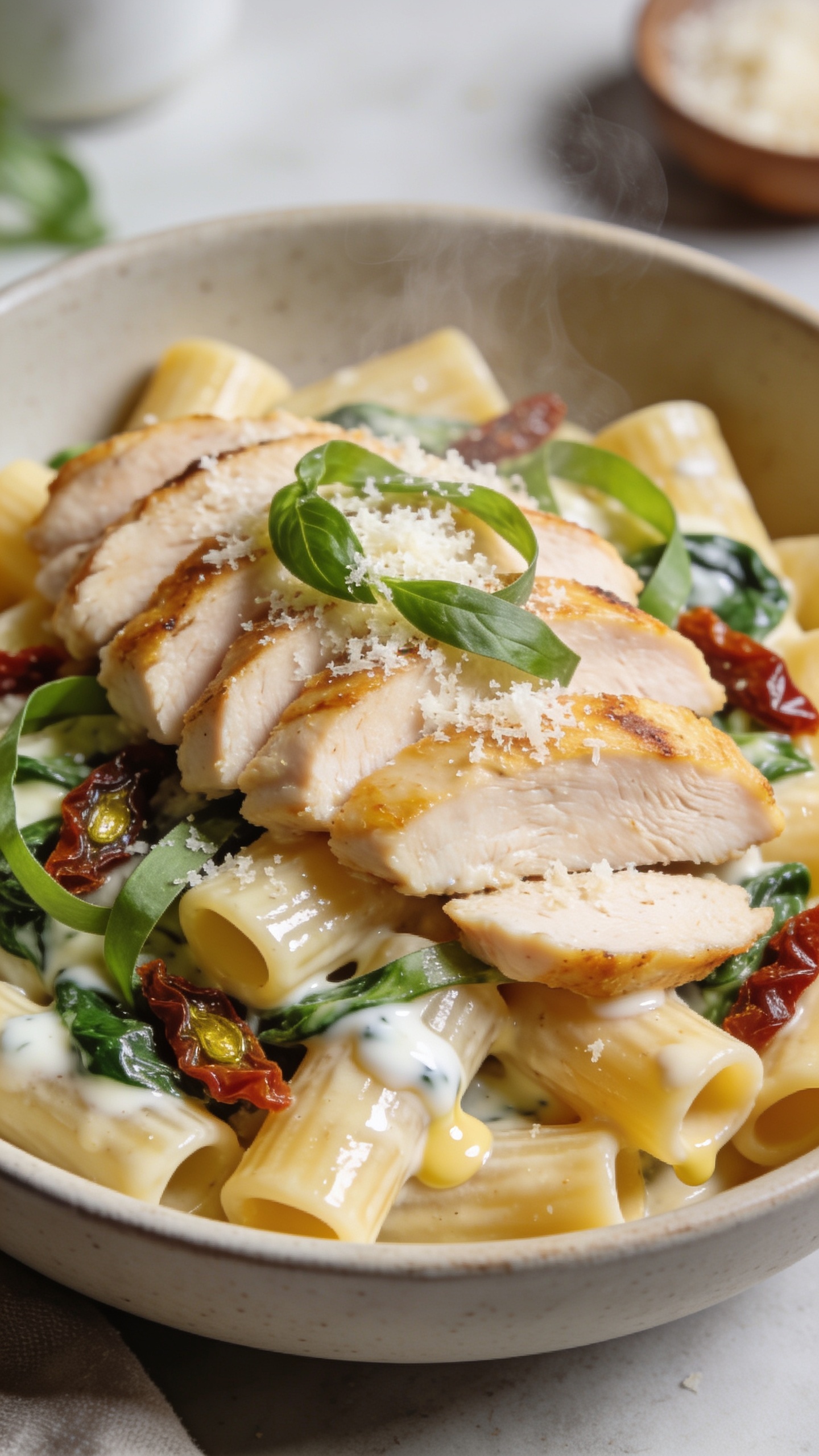 Ultra-close hero shot of High Protein Tuscan Chicken Pasta: al dente short pasta (rigatoni) coated in a glossy, creamy garlic-Parmesan sauce made lighter with Greek yogurt, tossed with ribbons of just-wilted spinach and slivers of oil-packed sun-dried tomatoes; sliced, juicy seared chicken breast (light golden edges, moist interior) fanned over the pasta; a light dusting of finely grated Parmesan and a few fresh basil ribbons on top; small pools of silky sauce hugging the pasta tubes; bright natural side lighting, shallow depth of field, subtle steam rising, neutral matte ceramic bowl with minimal props blurred, food filling 90â95% of frame, cohesive premium food-blog styling.